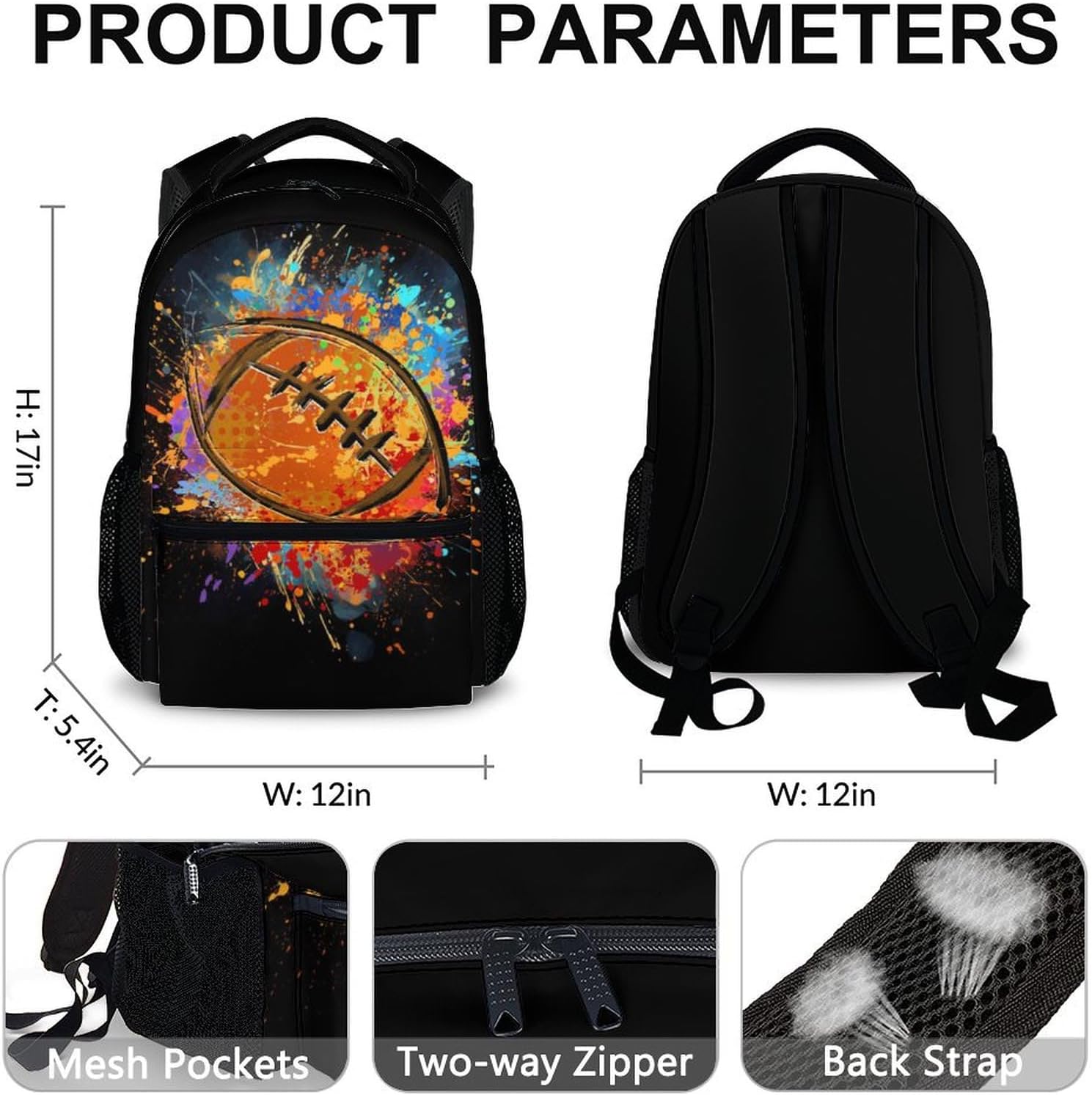 Boys School Backpack Kids Football Backpacks Bookbag Back to School Supplies, Black Large Capacity Cool Sport Back Pack for Kindergarten Elementary Middle (17 Inches)