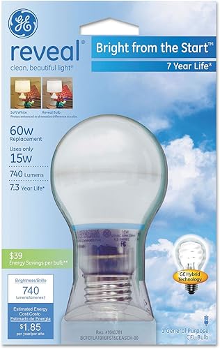 Ge Iluminación 63508 Reveal Bright From The Start A19 CFL, 15 W