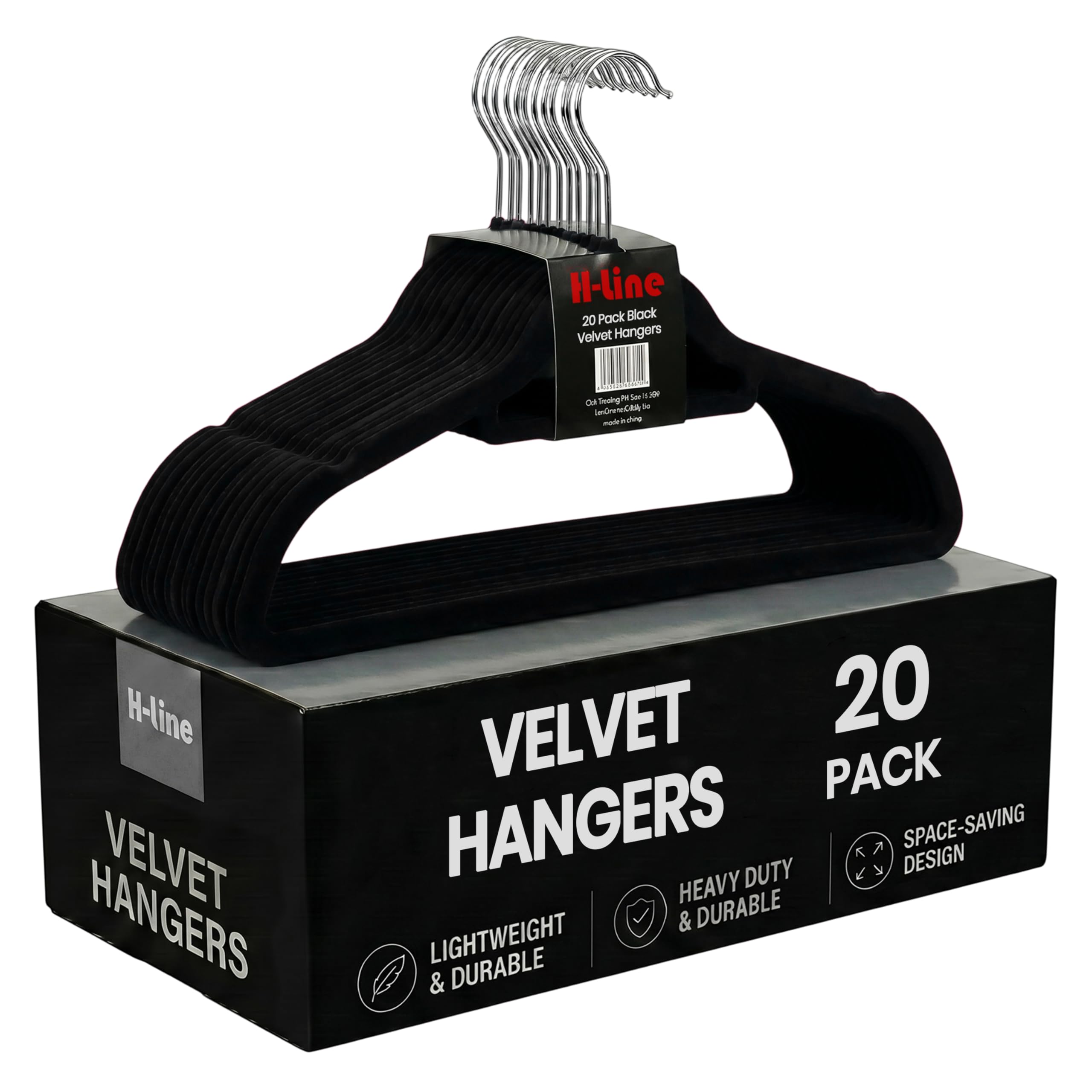 H-line Velvet Hangers, 20 Pack Non-Slip Clothes Hangers with Tie Bar & 360° Hook, Durable & Sturdy, Space-Saving Wardrobe Organisers for Suits, Jackets Coat, & Clothes- Home Storage Solution (Black) — image 1