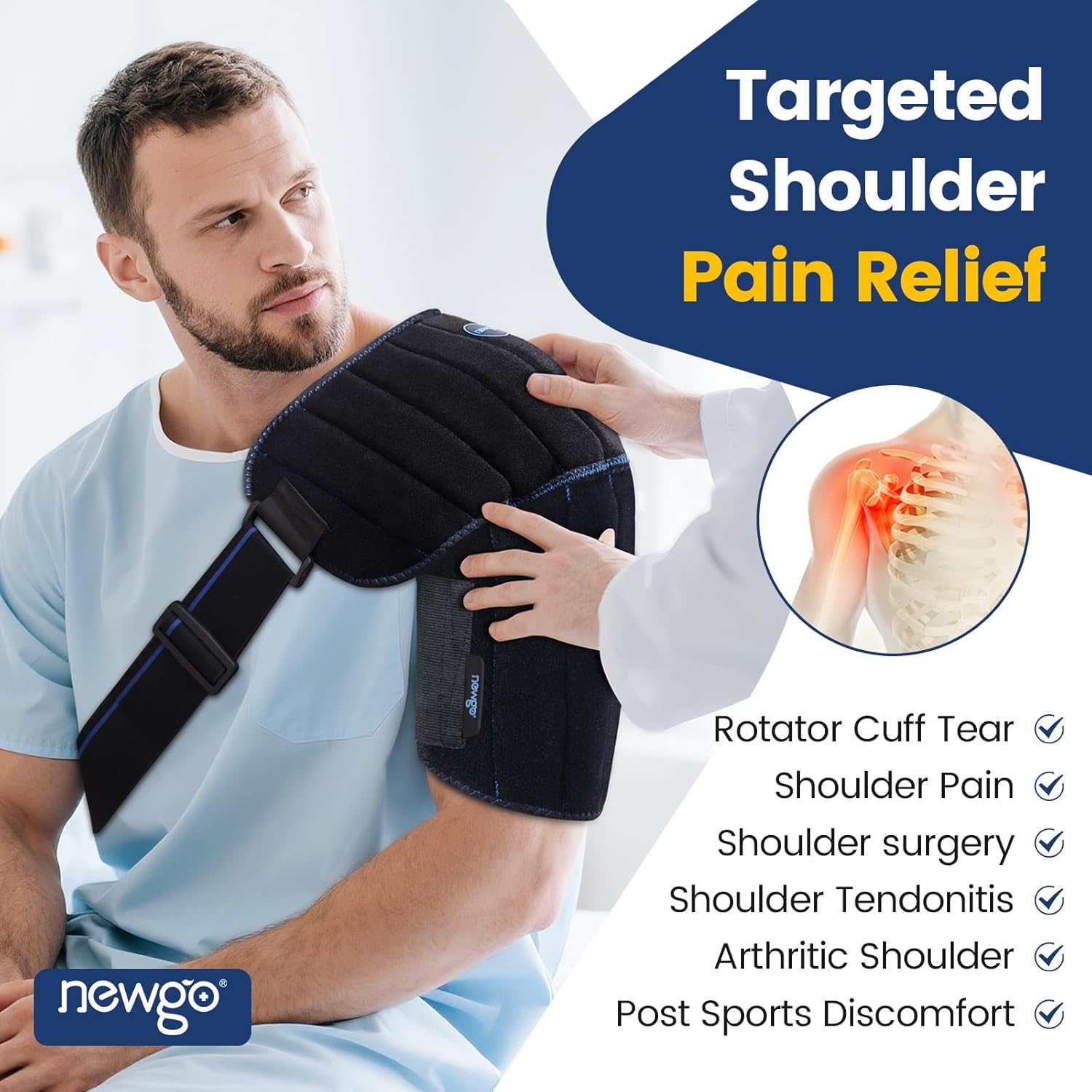 NEWGO Shoulder Ice Pack Wrap for Rotator Cuff, 2 Hours Long Lasting Cold Therapy with Flexible Cubed Design, Pain Relief for Arm & Shoulder Injuries, Post-Surgery Recovery, Reusable