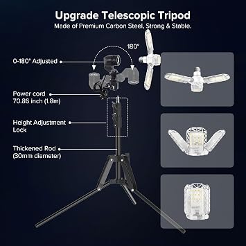 SANSI LED Work Light, 3300LM 300W Equiv 5000K, Telescoping Tripod 30-55In | 3 Panels Fold 0-90 for 360-Degree Coverage, 70.86In Cord; Great for Camping, Welding, Garage and Workshop; ETL Listed