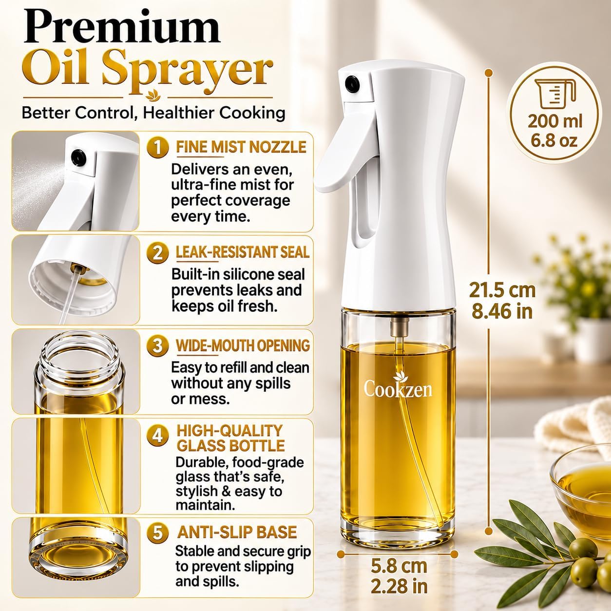 Oil Sprayer for Cooking, 200ml, 3.5mm Thick Glass, (1GR) Per Press