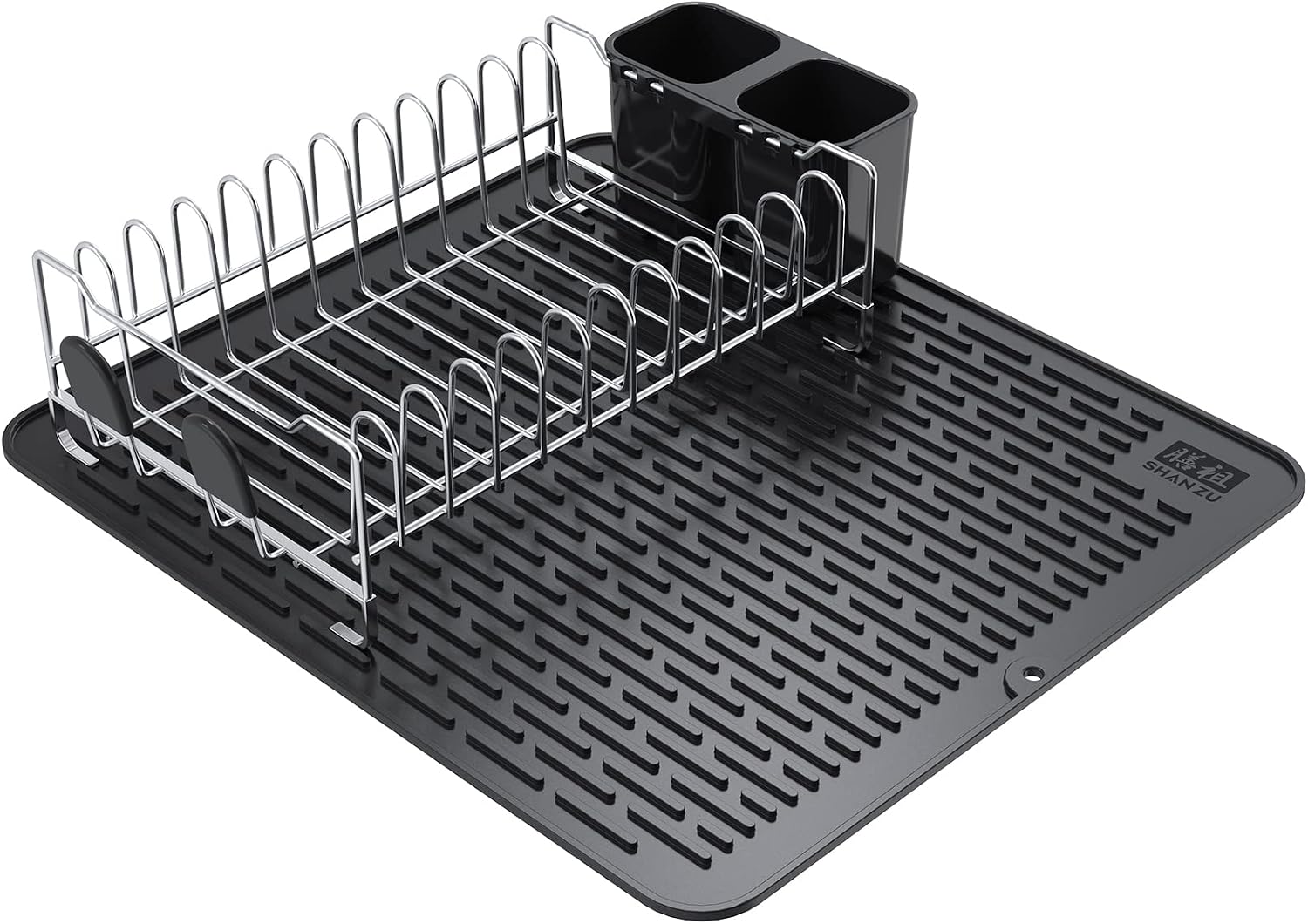 SHAN ZU Dish Drying Rack, Kitchen Compact Modern 304 Stainless Steel Dish Drainers Dish Rack with Utensil Holder and Silicone Drying Mat Set for Kitchen Countertop 17.6 x 15.6 inches, Black