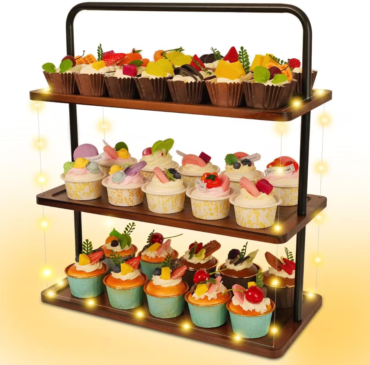 Cupcake Stand 3-Tier Wooden with LED Light Premium Holder, Large Wood Dessert Stand, Cupcake Tower for Camping, Birthday Party, Forest Safari Party Supplies, Farmhouse Decor (9.8ft/3m Yellow Light)