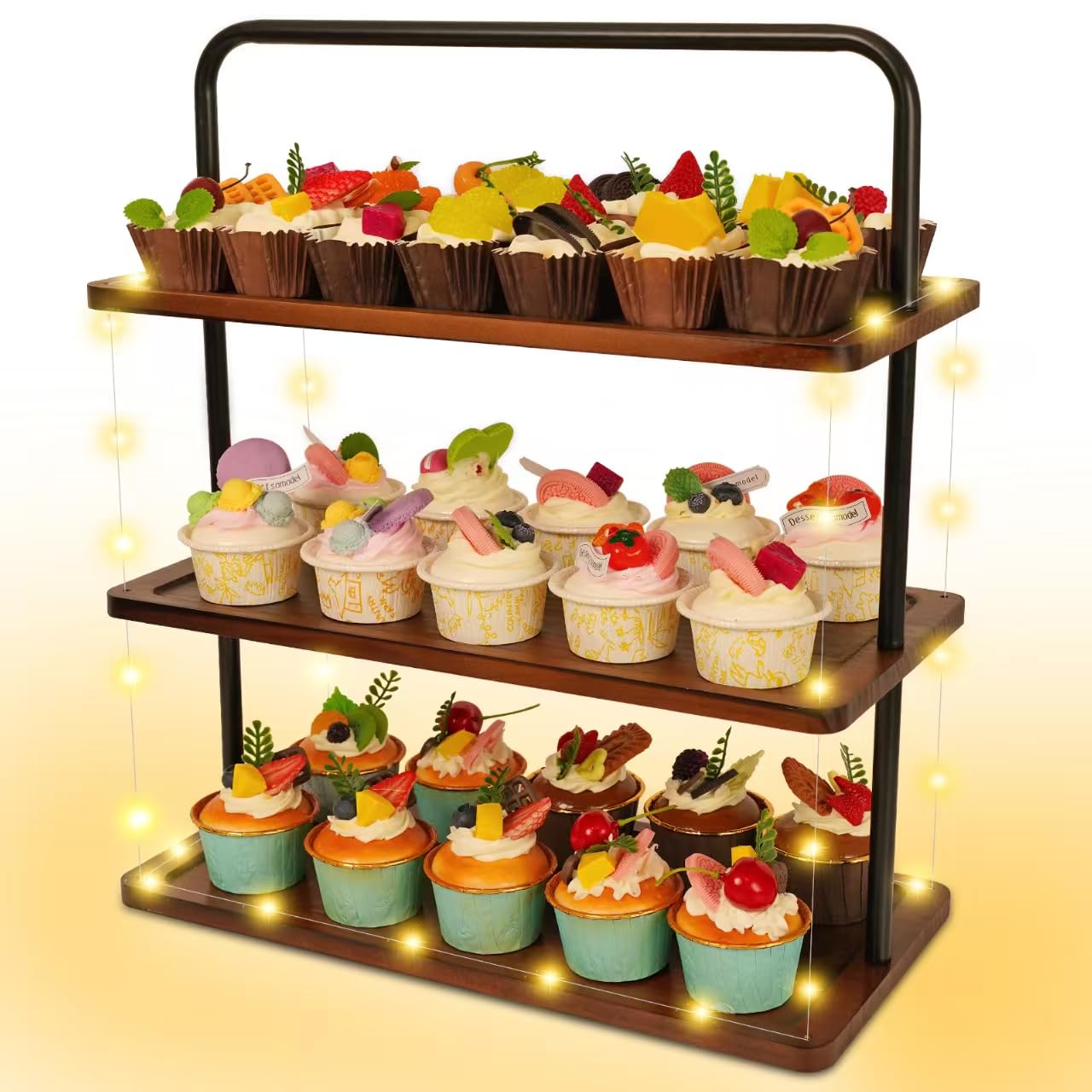 Grand support à desserts en bois et tour à cupcakes avec LED