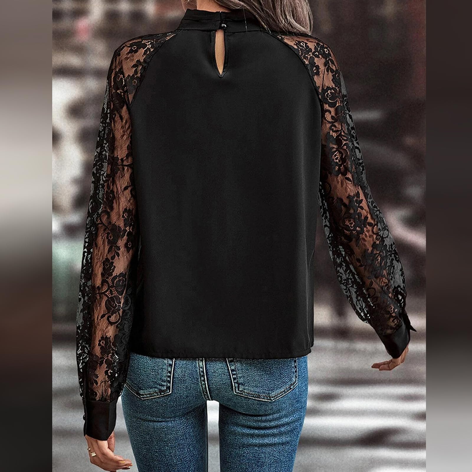 Blusa De Manga Larga con Detalle De Encaje Recortado, Blusa De Malla Transparente con Mangas Largas Y Encaje para Mujer (M,Negro)