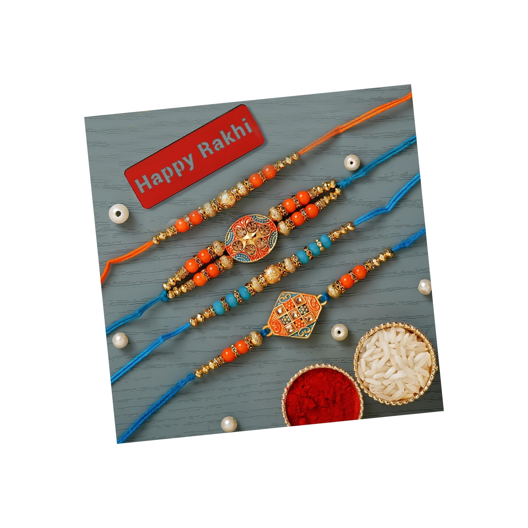 eCraftIndia Set of 4 Blue & Orange Kundan Pearl Designer Rakhis, Happy Rakhi Wooden Cutout with Roli Chawal Pack - Rakhis for Brother (B0D1CDMTR9) Amazon Price History, Amazon Price Tracker