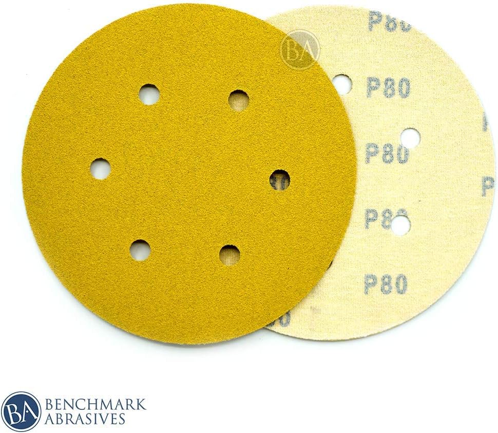 Benchmark Abrasives 6 Inch Sanding Discs Hook and Loop, Aluminum Oxide Stearated Gold 6 Holes Adhesive Sandpaper for Surface Blending, Automotive - Orbital Sander Sandpaper (50 Discs), 180 Grit