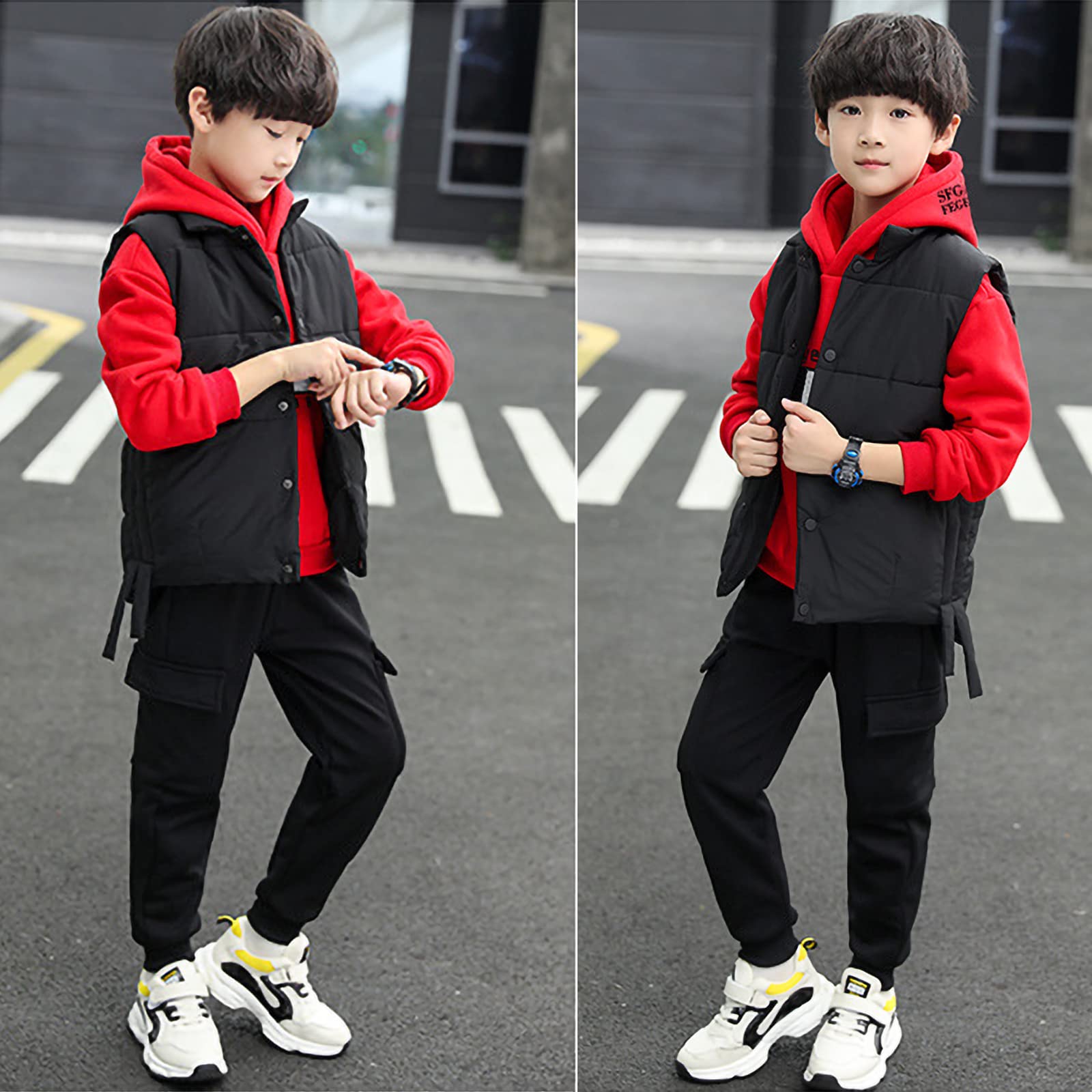 amropi Chándal Niños 3 Piezas Sudadera con Capucha y Cálido Chaleco y Pantalones Jogging Conjunto Ropa para 3-12 años