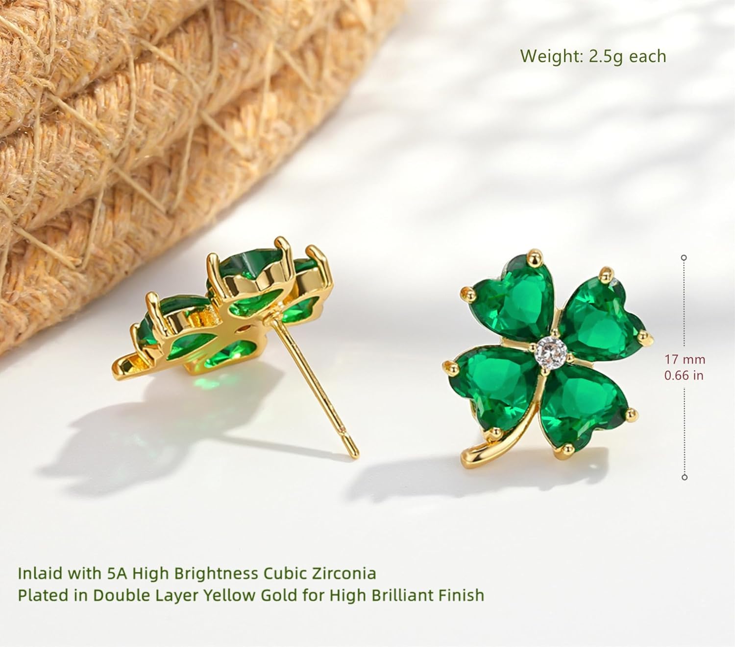 VONSSY Four Leaf Clover Necklace Earrings Shamrock Irish ST Patricks Jewelry Set Gift 18k Gold Plated Green Emerald Zircon Diamond Crystal Lucky Saint Pendant for Woman Wife Girlfriend Mom