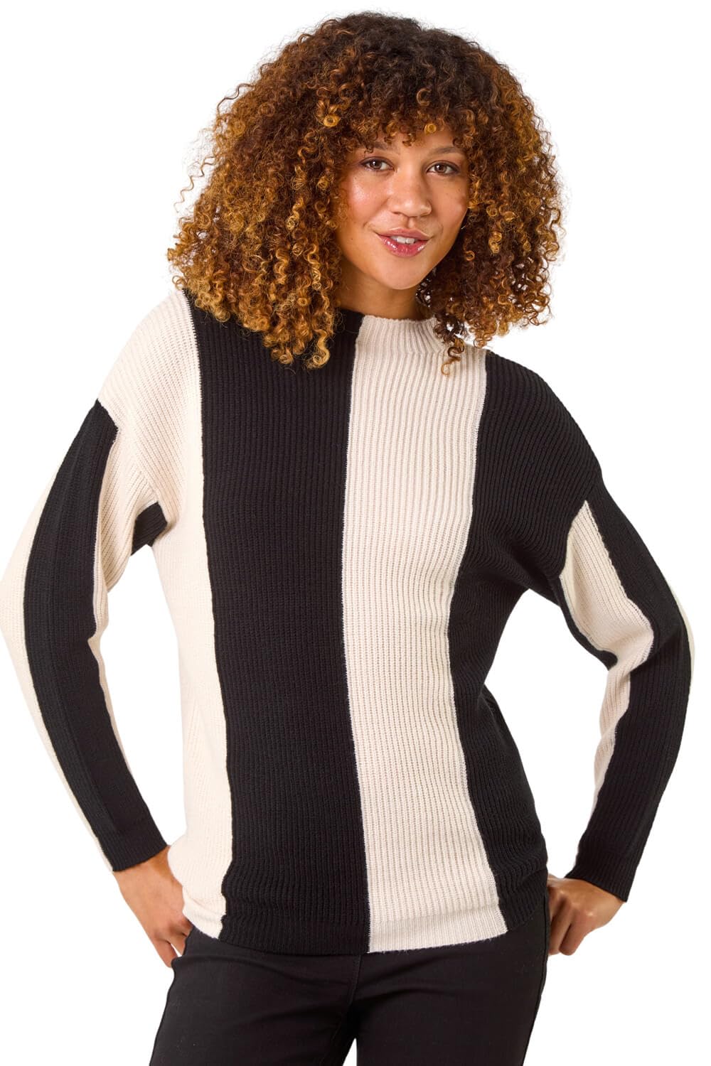 Roman Originals Colour Block Soft Knit Jumper for Women UK - Ladies Everyday Autumn Winter Funnel Neckline Comfy Soft Evening Vacation Work Party Night Out - Black - Size 12