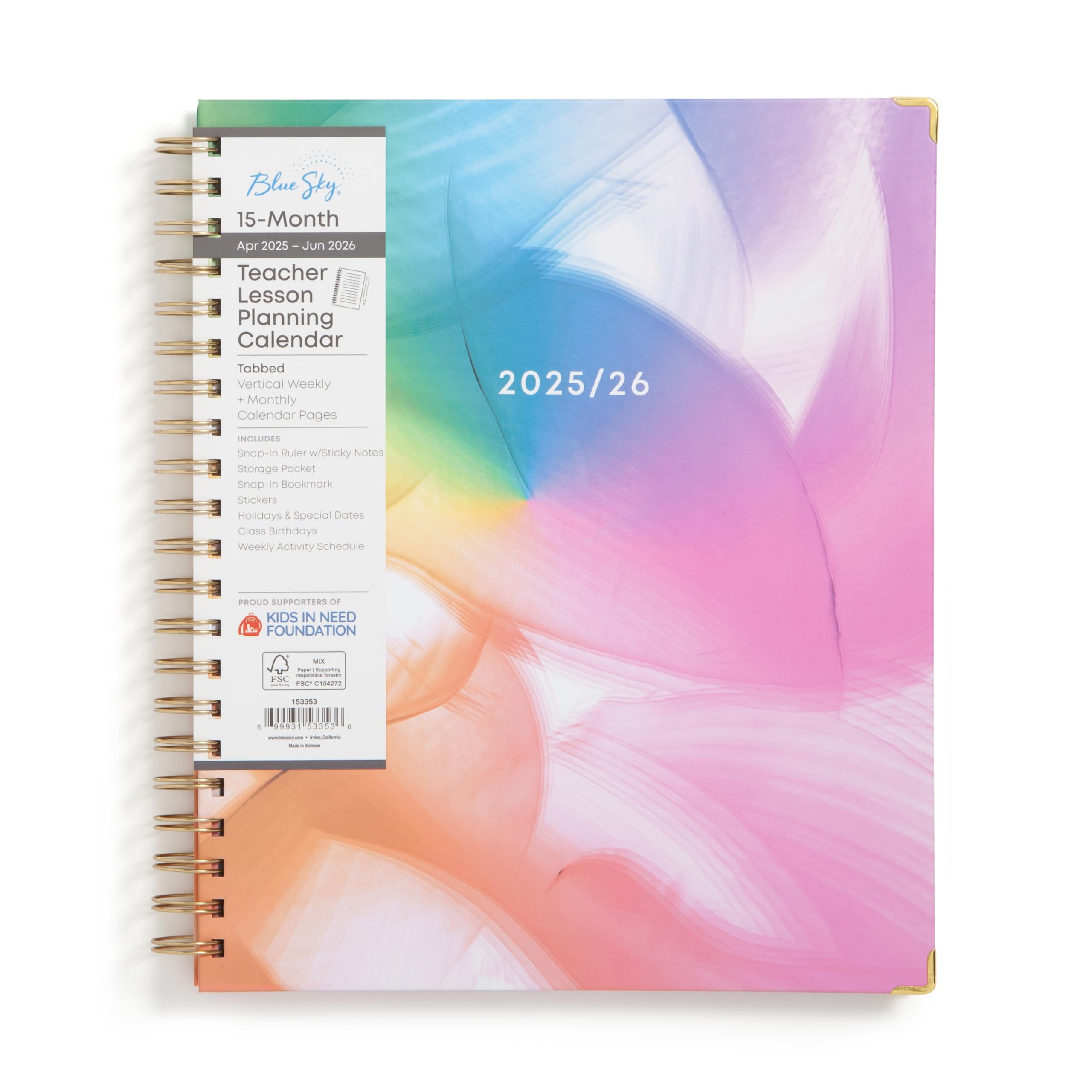 Blue Sky 15-Monats-Planer für 2025-2026, Wochen- und Monats-Lehrer-Unterrichtsplaner, April 2025-Juni 2026, 21,6 x 27,9 cm, fester Einband, Spiralbindung, laminierte Reiter, Aufbewahrungstasche,