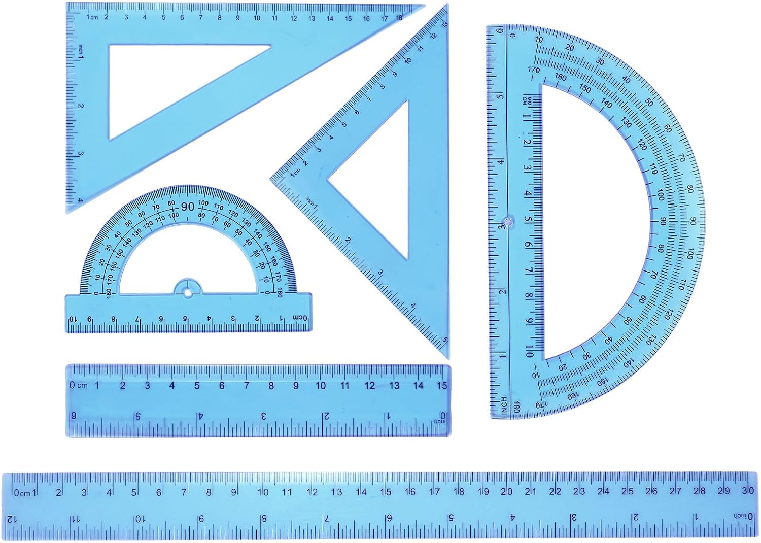 HARFINGTON 6pcs Triangular Ruler Set 15/30cm Plastic Metric Inch Geometric Protractor Triangle Engineering Scale Drafting Ruler Kit for Office Home, Blue