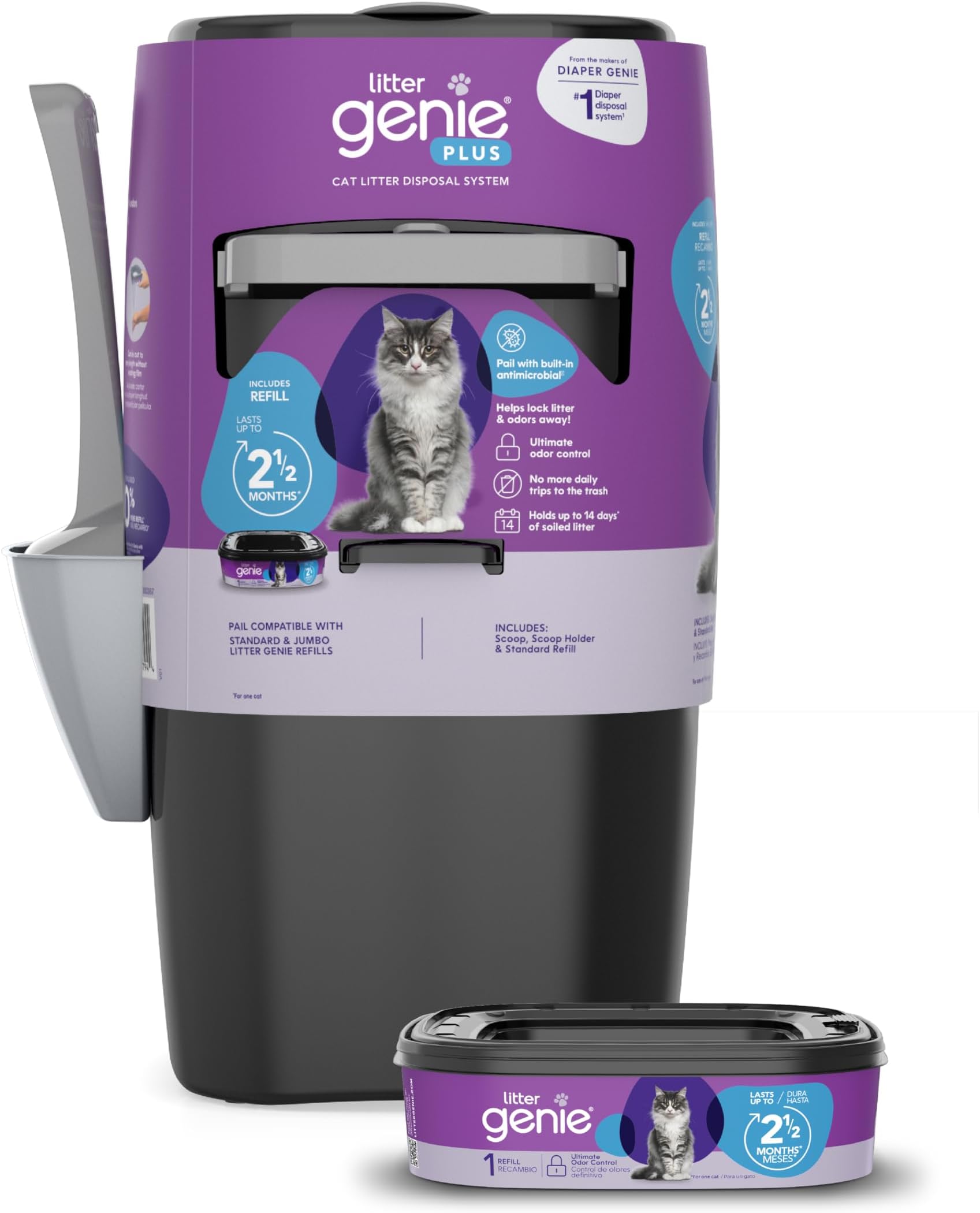 Litter Genie Plus Cat Litter Pail Ultimate Disposal System Odor Blocking with 1 Refill, Black, Small