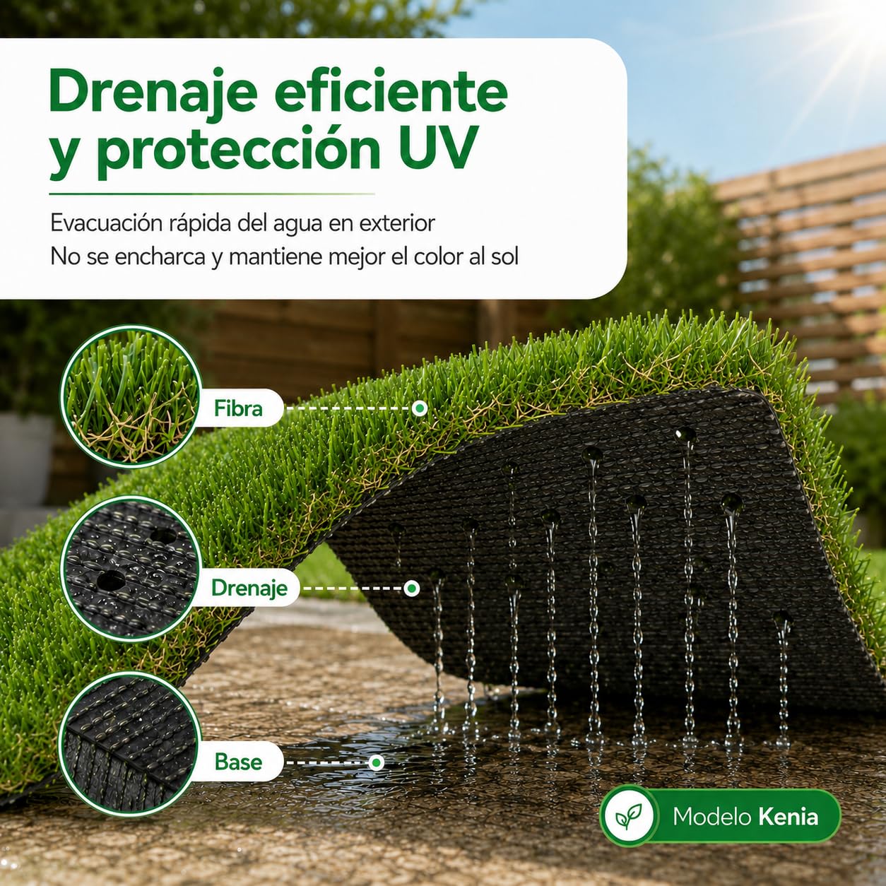 Césped Artificial KENIA 40 mm - Realismo, Durabilidad y Confort para Jardines y Terrazas - 14.700 DTEX - Drenaje de 800 l/h/m² - Rollo 2x5 Metros