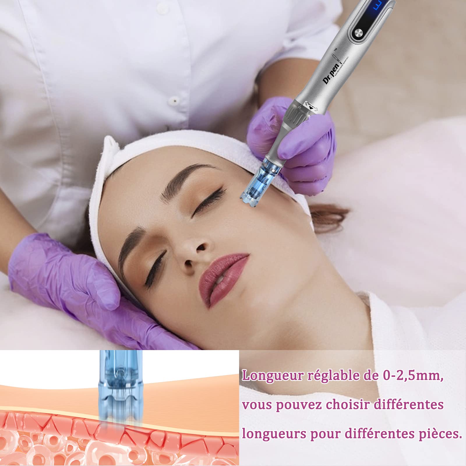 Microneedling Pen M8S, Professionnel Dr.pen avec 6 Aiguilles (3x12 Pin + 3x36 Pin) Dermapen Pour le Visage, le Corps et la Croissance des Cheveux, 6 Niveaux de Vitesse et Profondeur Réglable de 0-2,5