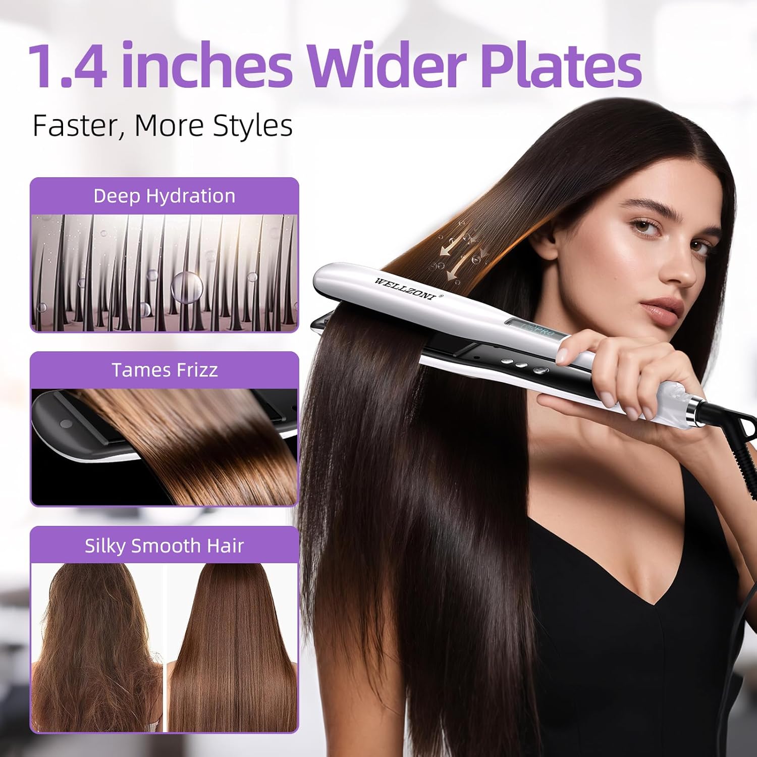 Flat Iron Hair Straightener - 1.4" Wide Plate, 15s Fast Heating with 37 Temp Settings 122-450°F, Dual Voltage Ionic Ceramic Flat Iron for All Hair Types with Auto Shut-Off - Image 4
