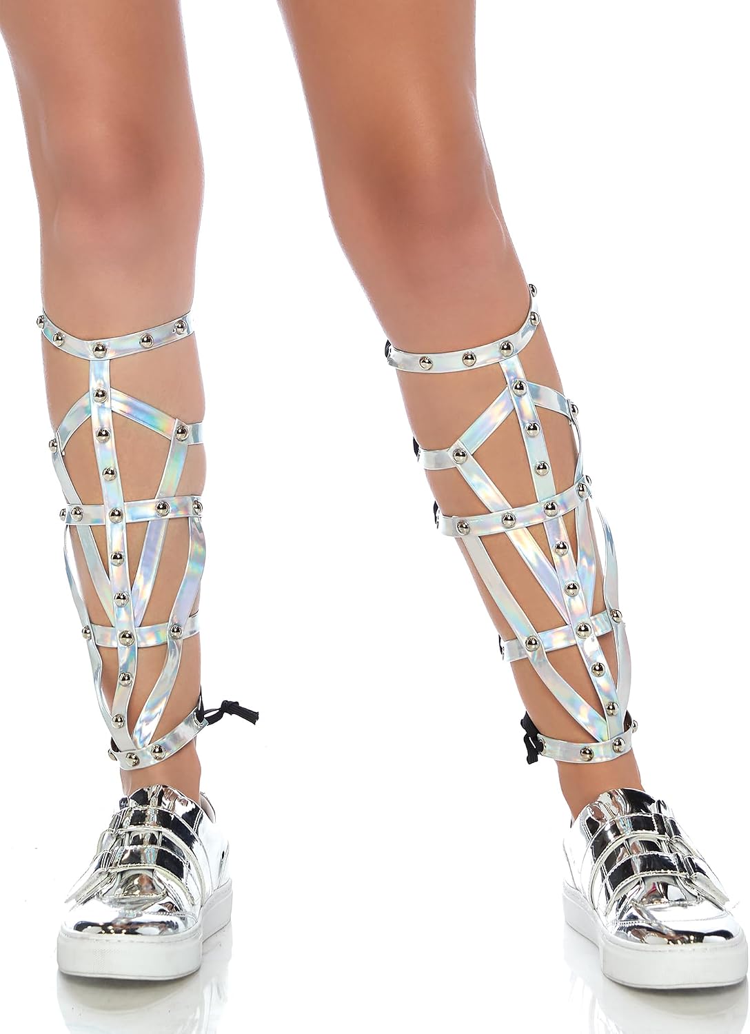 Leg Avenue Womens Iridescent Holographic Studded Shin Guards, Silver Shin Guard, O/S