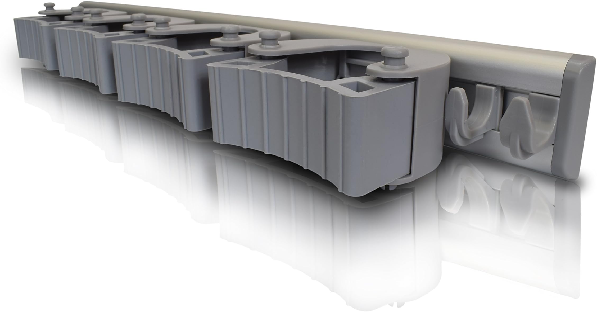 TROLIR Not Yet Another Mop and Broom Holder, Clips Hold Everything Better Than Rollers, Wall Mount by 2 Screws Only, Tools Organizer for Garden, Closet, Garage or Laundry, Configurable 4 Positions, 4 Hooks