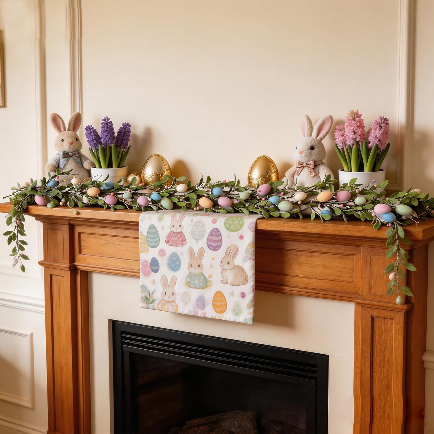 TEMPUS 6Ft Easter Artificial Garland with Eggs, Spring Mixed Lamb's Ear Leaves, Farmhouse Hanging Rustic Decor for Front Door, Kitchen, Fireplace, Home, Indoor & Outdoor