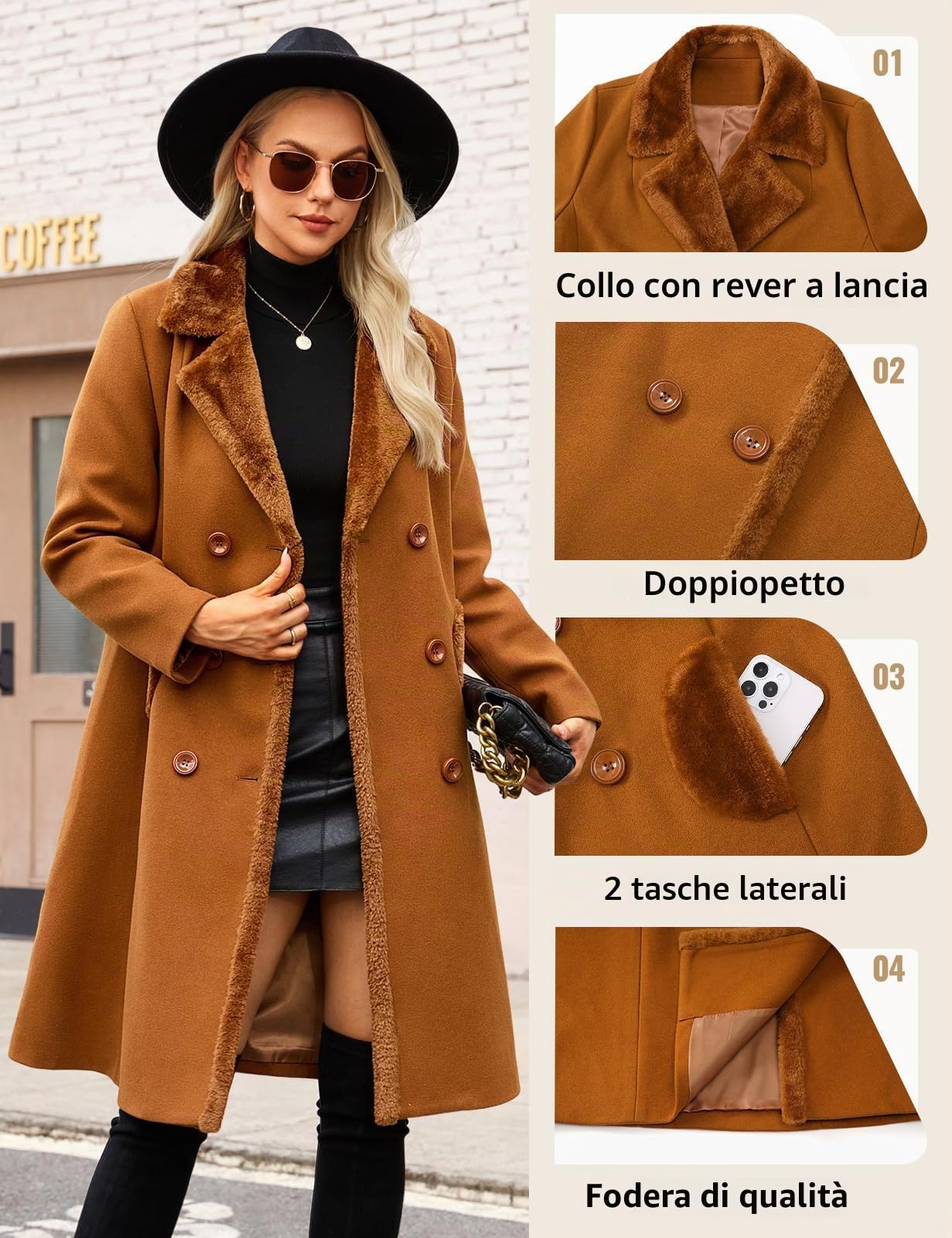 Yuson Girl Cappotto Donna Invernale Lungo Classico Doppiopetto Cappotto con Revers Autunno Invernale Caldo Cappotti Elegante Cappottino Trench Coat di Mezza Stagione con Tasche