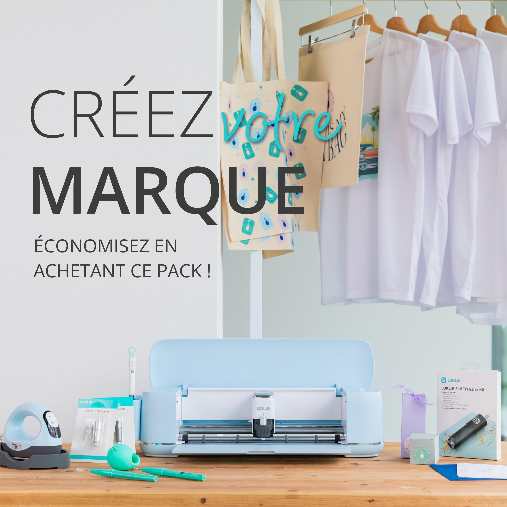 LOKLiK Design Bundle: Lancez Votre Marque Avec la Mini Presse à Chaud et la Machine de Découpe iCraft. Personnalisez des Tissus, Objet et Textiles Comme des T-Shirts, Sacs, Mugs et Sweater