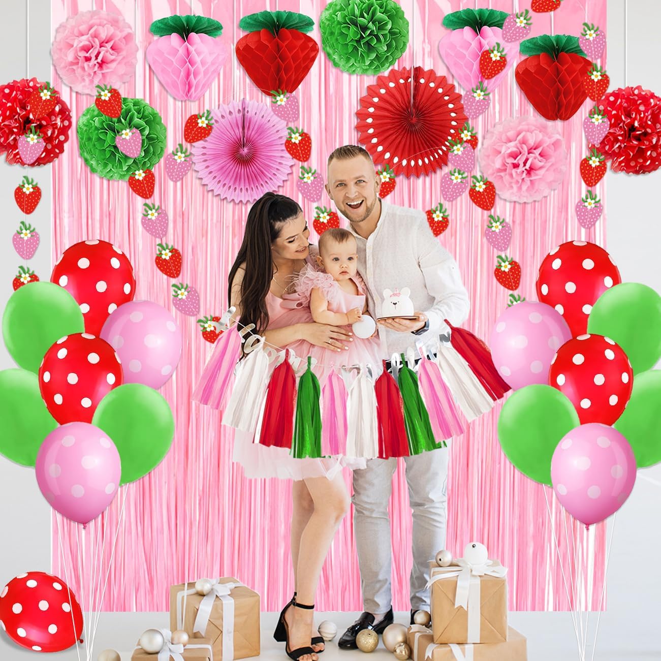 Strawberry Birthday Decorations includes Strawberry Honeycomb Balls Pink and Red Paper Pom Poms Fans Banner Ballons for Baby Shower Berry First Birthday Decor - Image 5