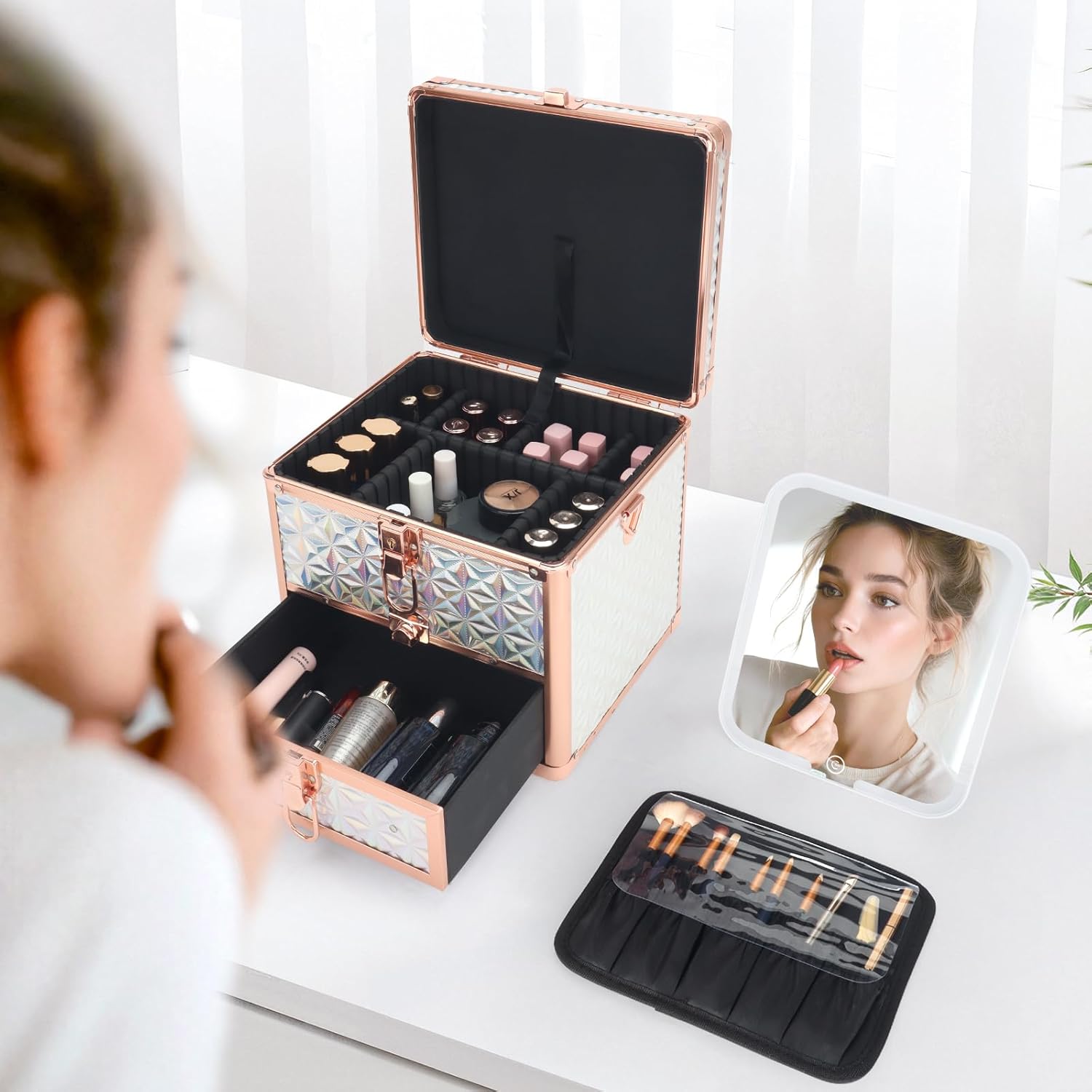 Makeup Case with Drawer, Travel Makeup Train Case with Magnetic LED Mirror, Cosmetic Organizer with Adjustable Divider - Sparkling White