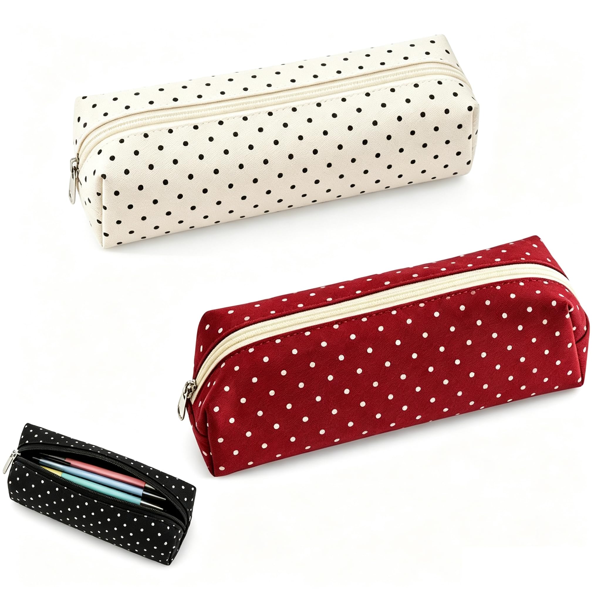 Polka Dot Pencil Case, Cute Black and White Polk Pencil Case for Girls, White+red, 21 x 6.5 x 8.5 cm