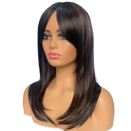Peluca larga con flequillo, peluca negra y brwon en capas para mujer, de aspecto natural, resistente al calor (20 pulgadas)