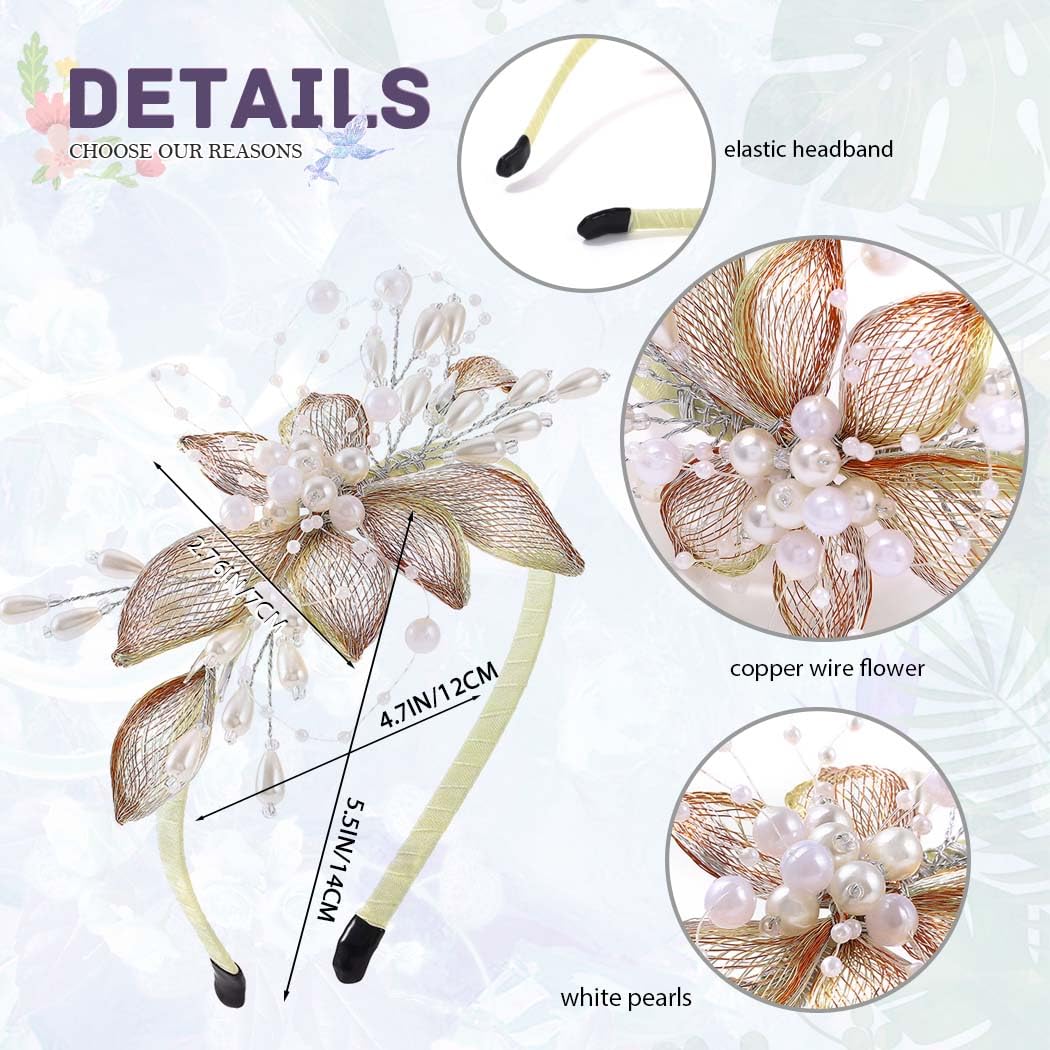 IYOU Bridal Wedding Headband Gold Flower Hair Bands Copper Wire Pearl Headpiece Bridesmaid Bride Hair Accessories for Women - Image 4
