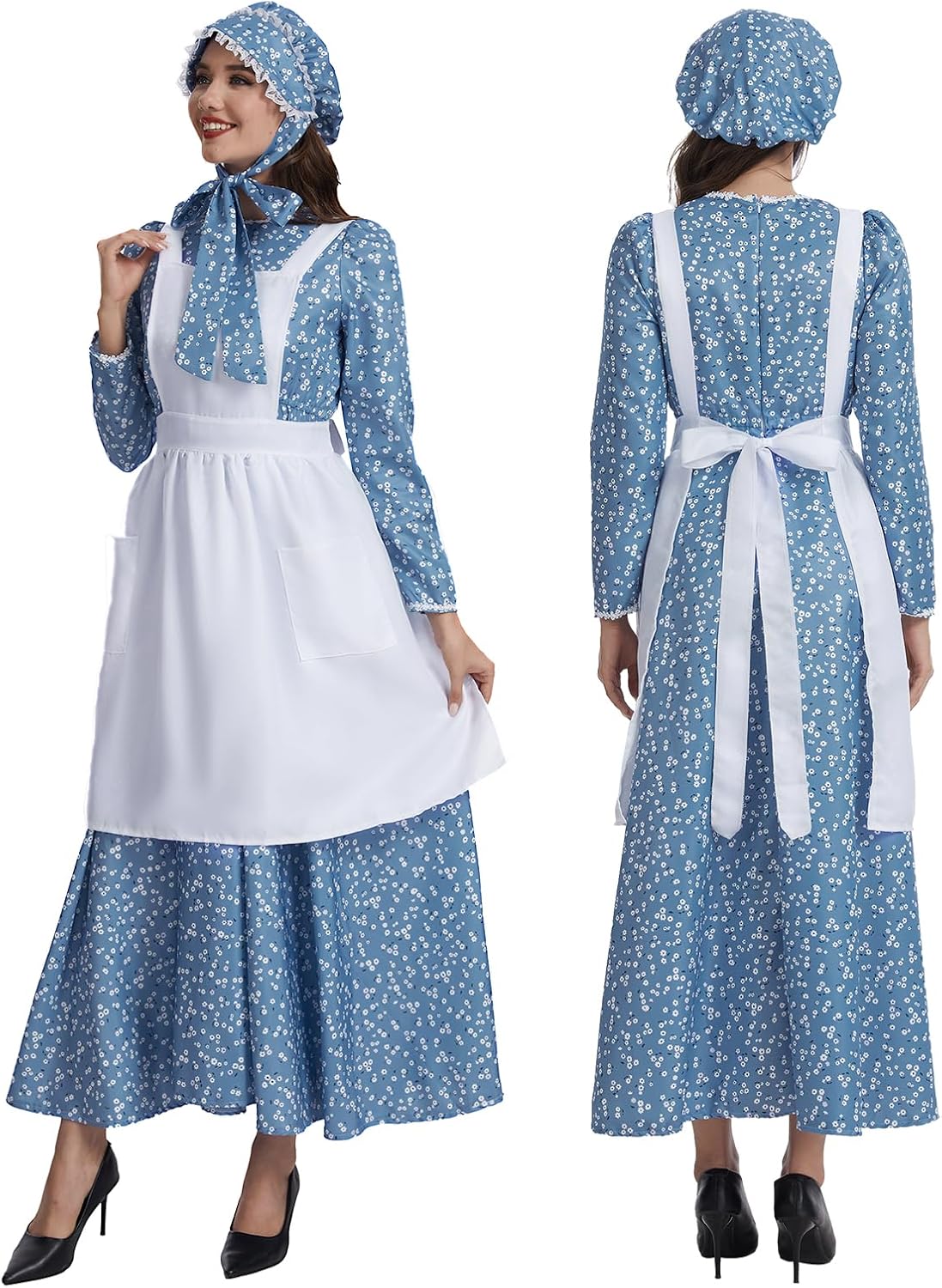 Women Adult Colonial Prairie Costume,Floral Pioneer Dress with Apron and Bonnet