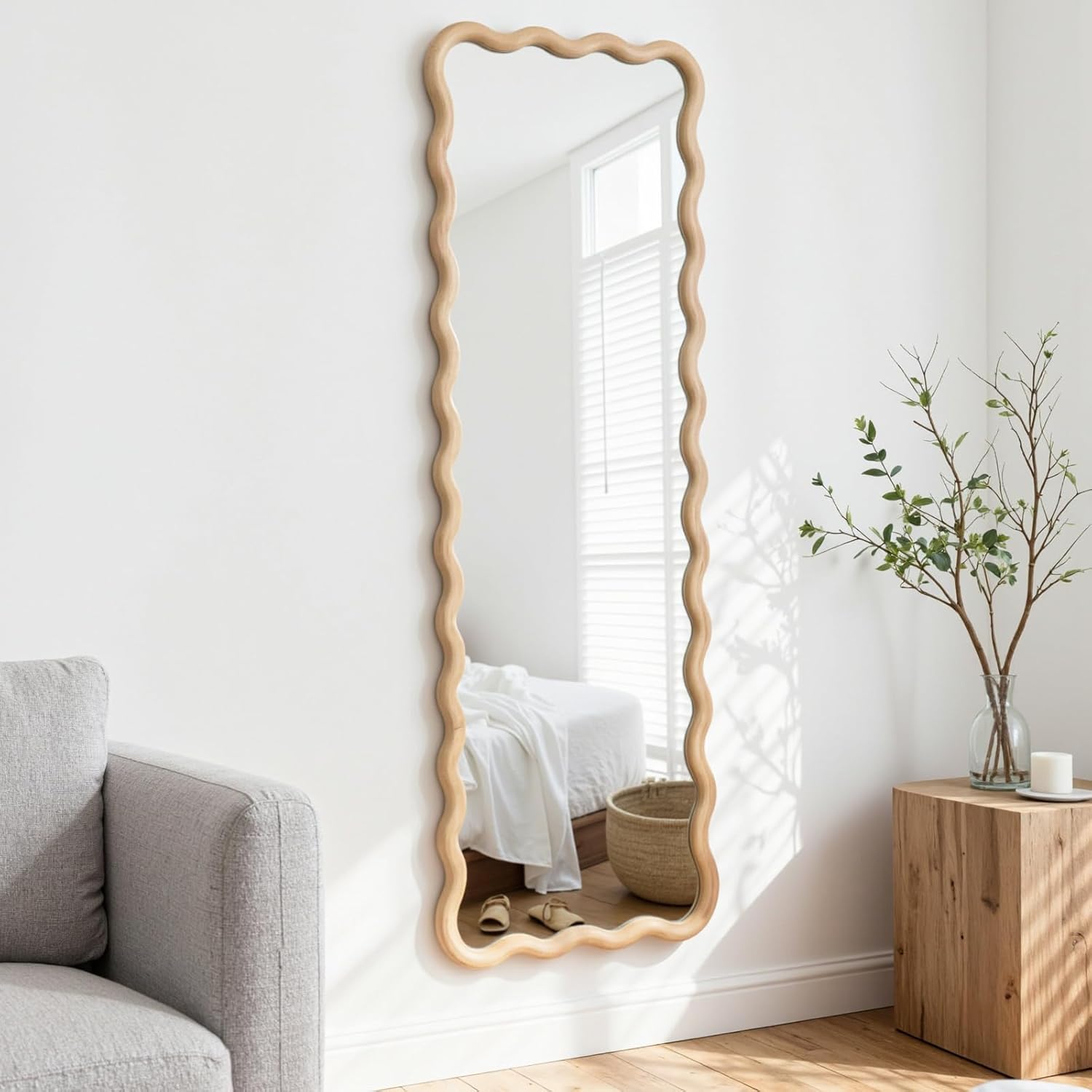 20"x63" Solid Wood Full Body Floor Mirror Rectangle Wavy Wood Framed Full Length Mirror Horizontal/Vertical Hanging for Bathroom Bedroom Living Room Entryway Nature