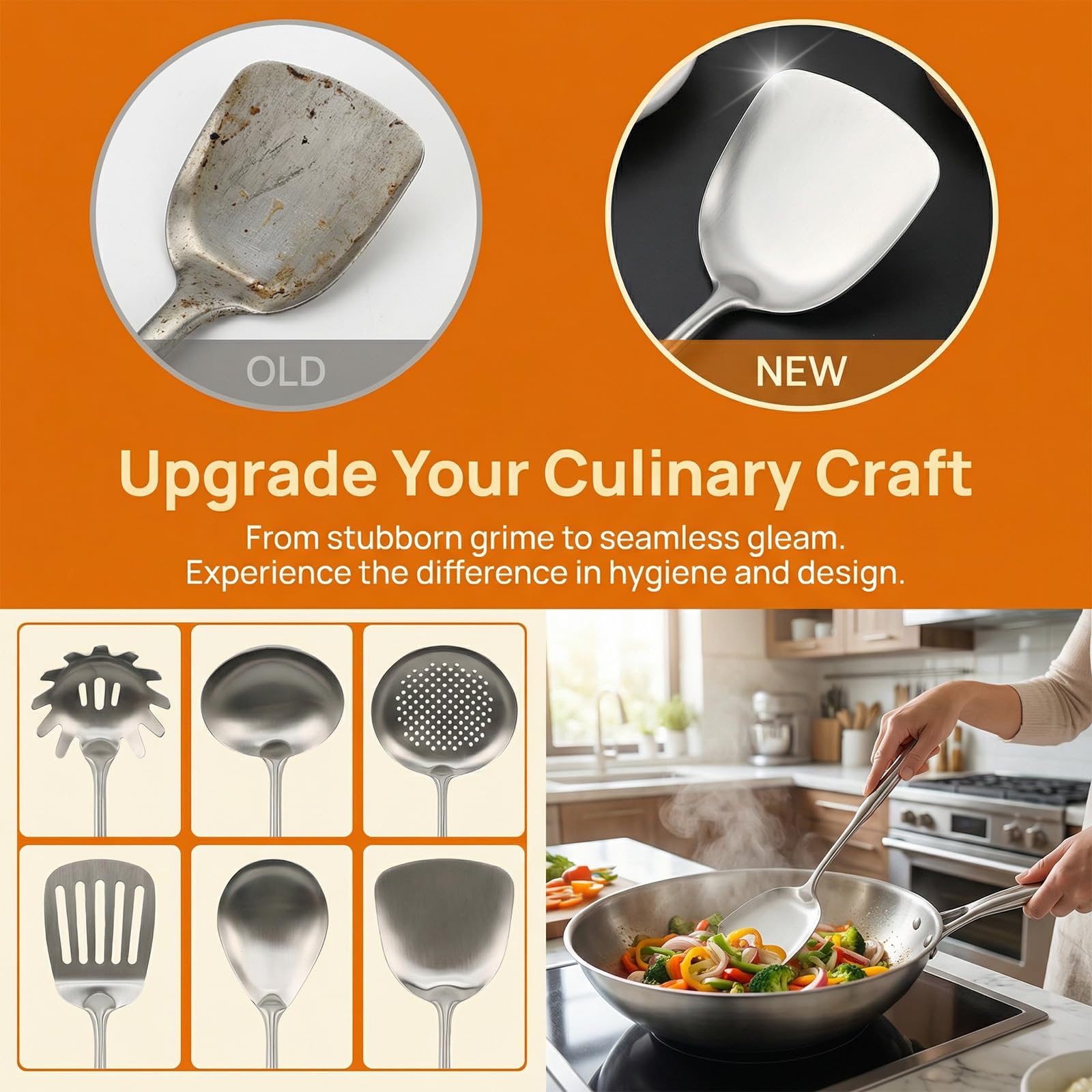 304 Stainless Steel 6 Piece Kitchen Utensils Set, Ergonomic | Anti-Scratch Cookware for Stoves, Long Handle, Heat Resistant, Dishwasher Safe, Ideal for Wok & Cooking