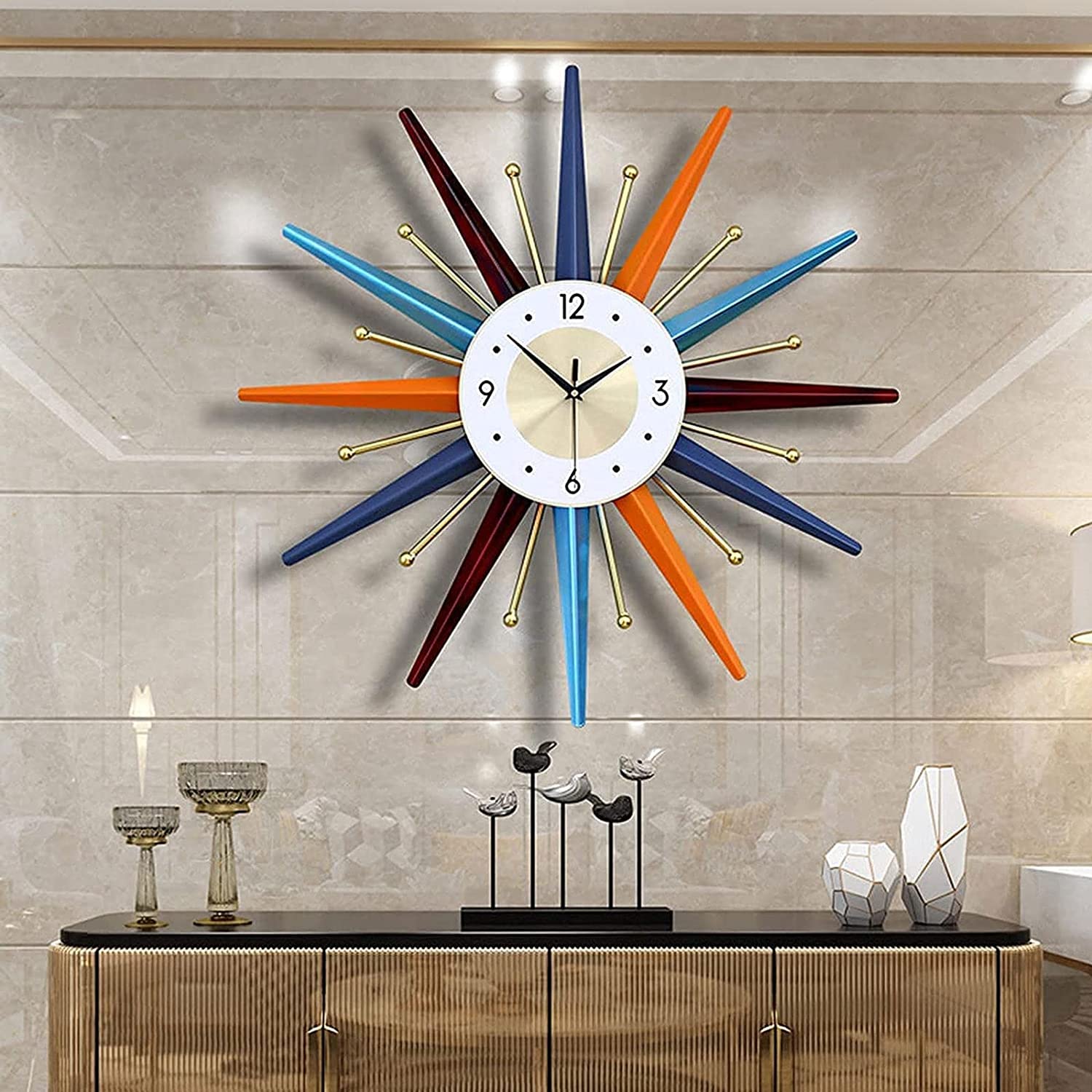 Horloge Murale Rétro Style Starburst, 70 Cm De Diamètre, Design Bois Et Métal, Idéale Pour Salon Ou Chambre