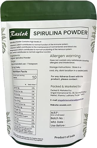 Miniatura 3 de Raslok Polvo de espirulina pura  Apoyo inmunológico y antioxidantes  Sin relleno y sin OMG, rico en proteína vegana (8 onzas)