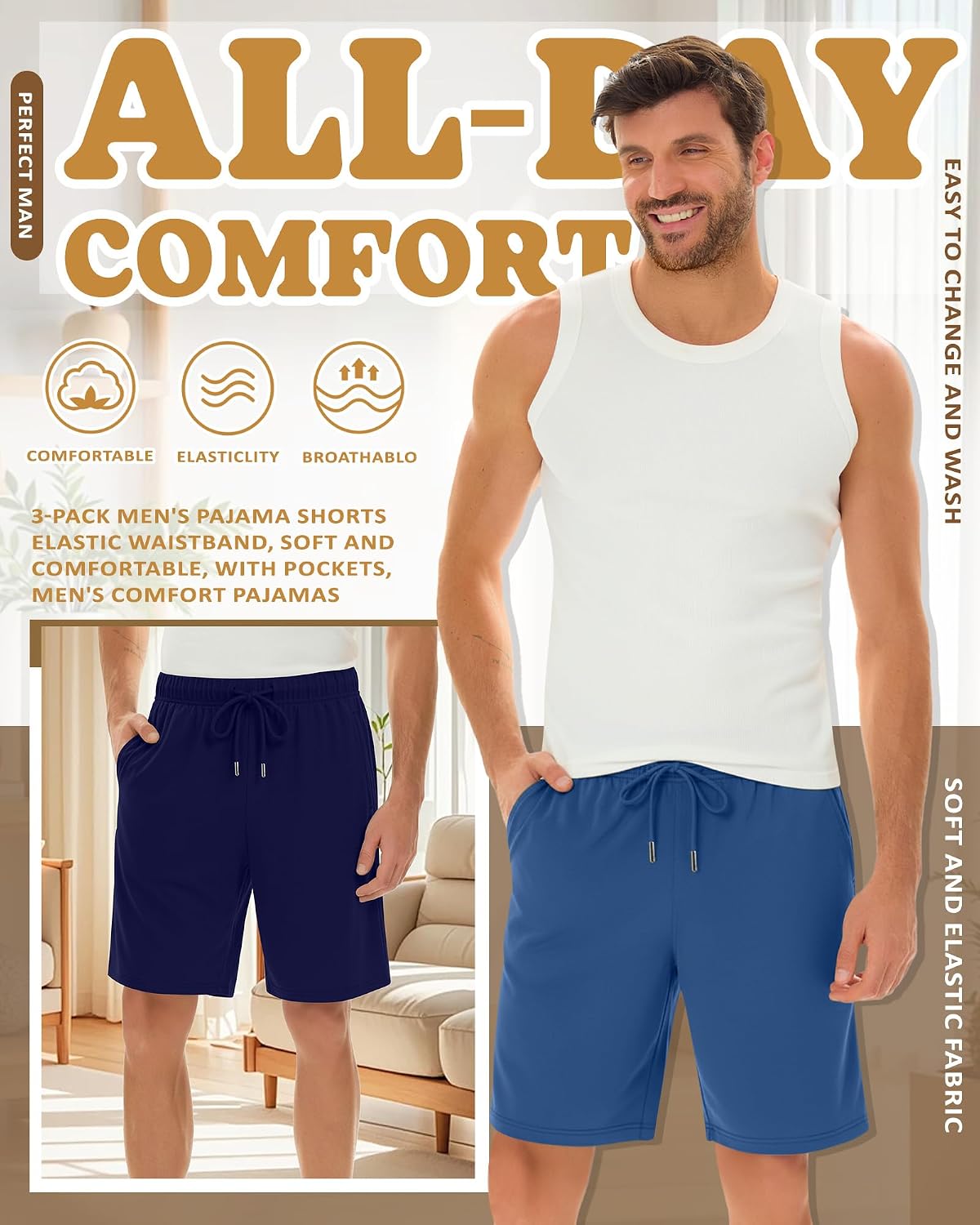 3 Pack Men's Pajama Shorts Bamboo Sleep Shorts Summer Elastic Waist Drawstring Pjs Lounge Bottoms with Pocket