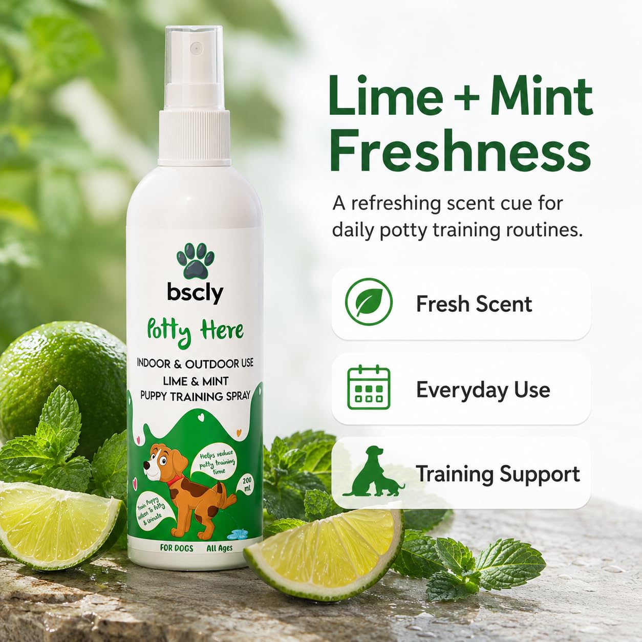 Bscly Dog Potty Training Spray for Puppies & Dogs | Pee Attractant & Toilet Training Aid | Trains Pets to Go in One Spot | Indoor & Outdoor, Pee Pad Friendly | Fresh Lime & Mint | 200ml 1