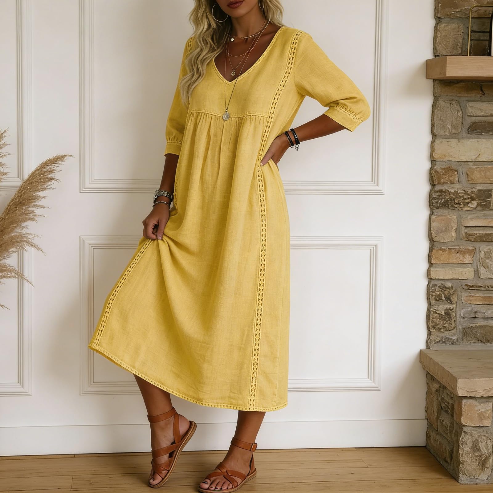 Musselin Kleid Damen Lang Sommerkleid Damen Leicht Und Luftig Leinenkleid Sommer Kleider Mit Schleife A Linie Maxikleid Elegant Schick Sommerkleider 3/4 Ärmel Leinen Strandkleid Frauen Casual