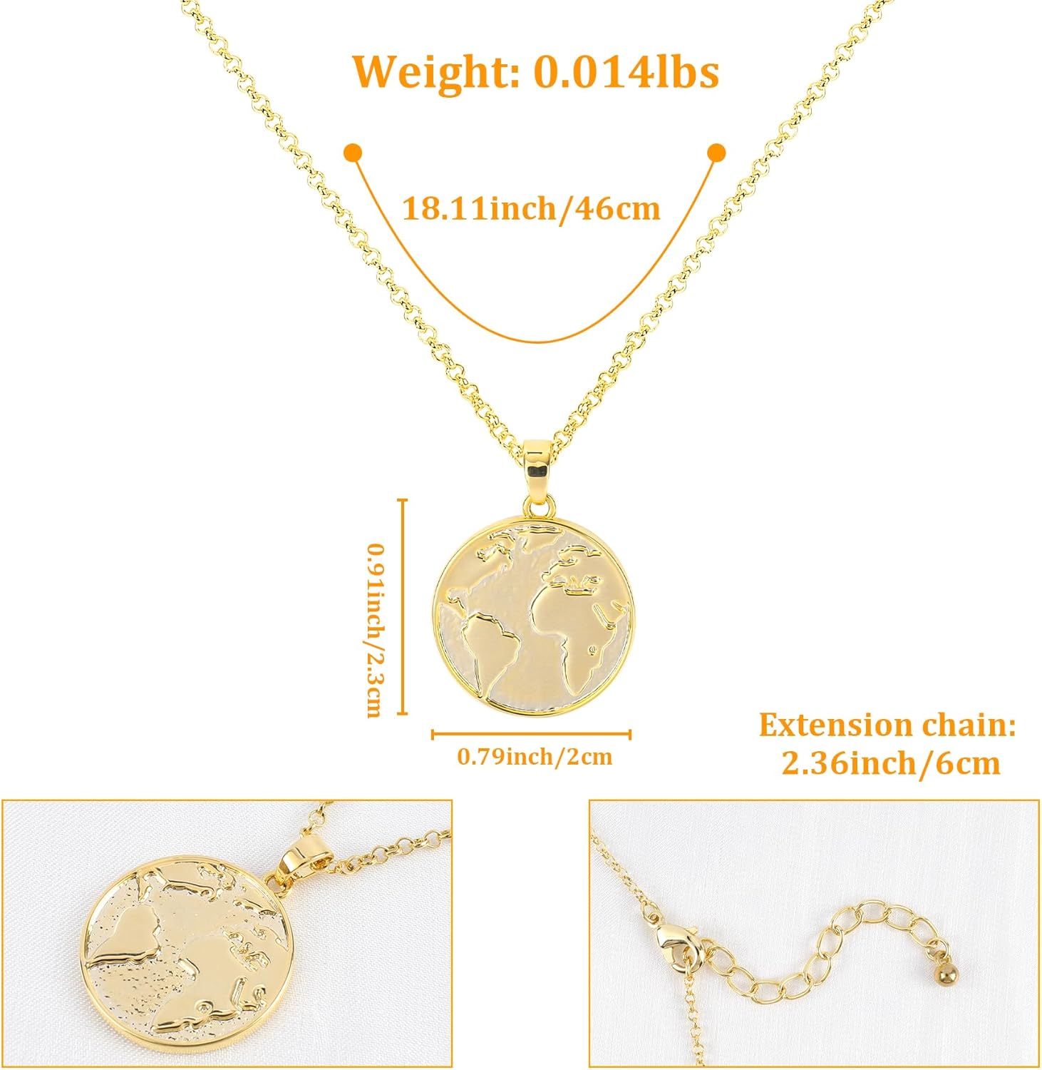 NEKOL Gold World Map Pendant Necklace for Women & Men - 14K Gold Plated World Map Coin Necklace with Adjustable Chain - Round Earth Continent Charm Travel Jewelry Gift for Travelers - Image 2