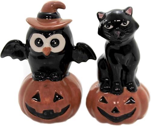 Juego de salero y pimentero de cerámica fina para Acción de Gracias, Halloween, gato negro y búho en calabaza, 3-34 pulgadas de alto