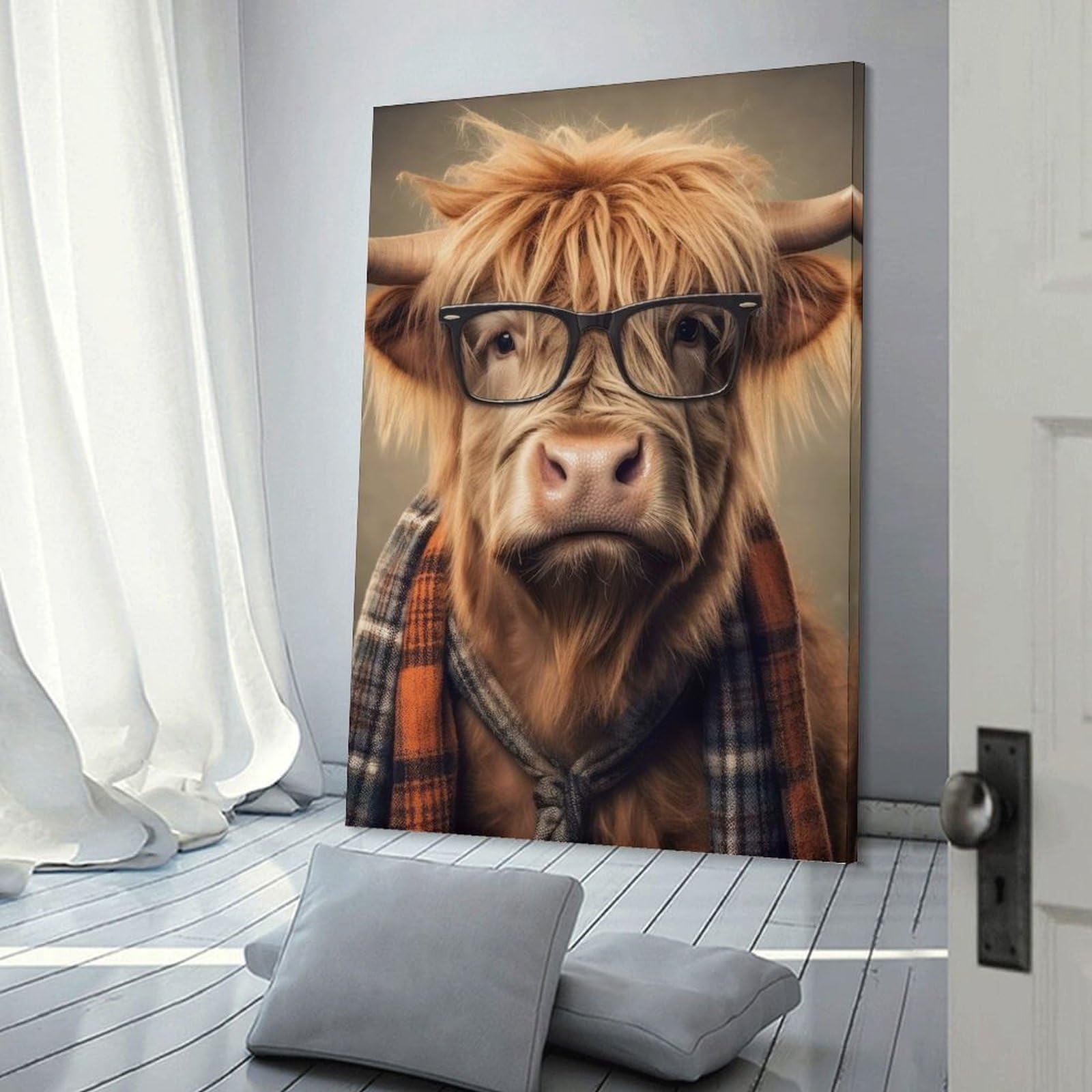 Junmoney Frame-Style-17 Hanging Wall Art Funny Dressed Highland Cow, 24X36inch(60X90cm), For Gallery Wall Layouts In Home Or Office, An Easy Match For Collected Prints