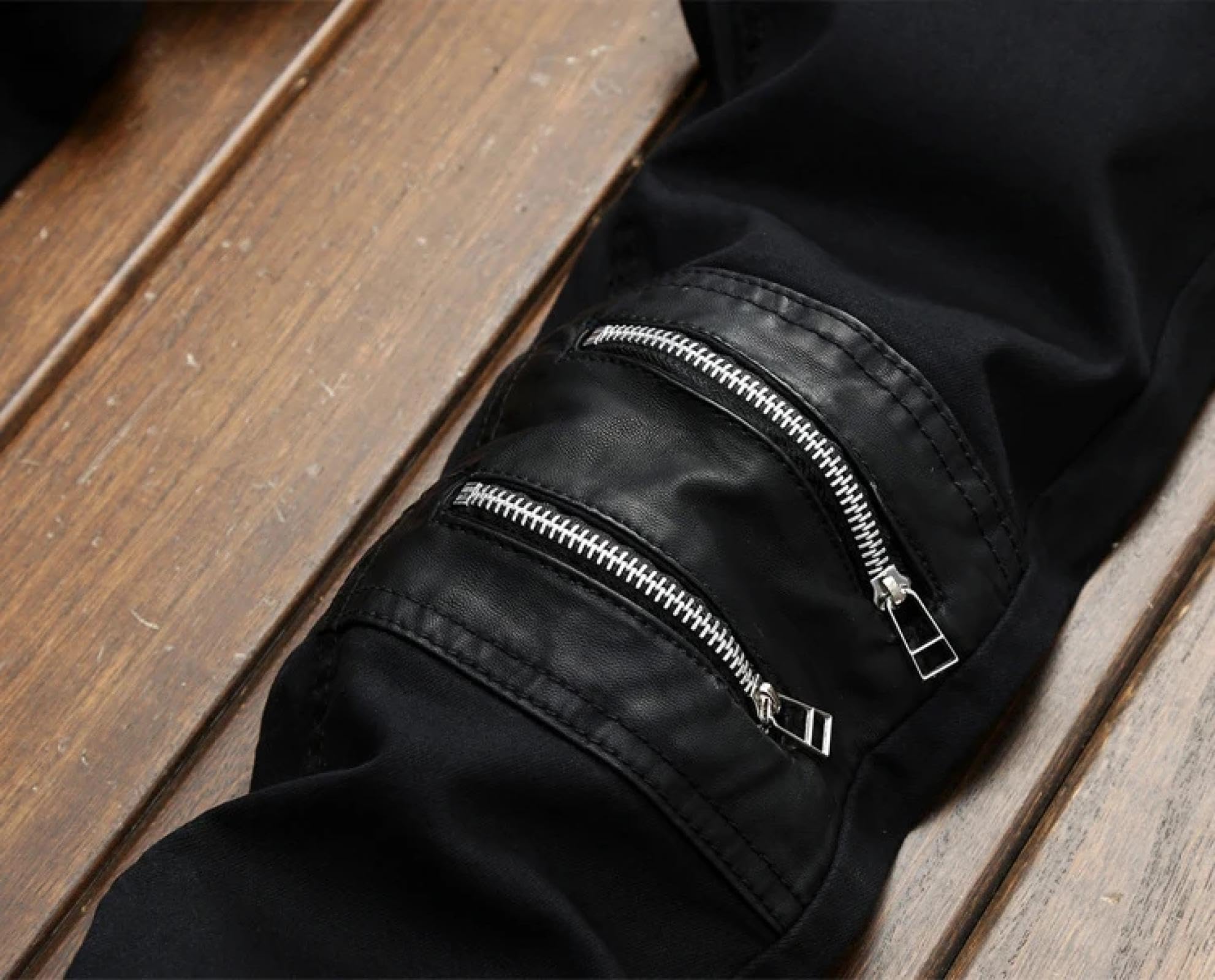 Jeans Pantalon Herren Leder Knielange Jeans Mit Reißverschluss Schwarze Stretch-Gerade Slim Fit Legere Trendige Jeanshosen Männer