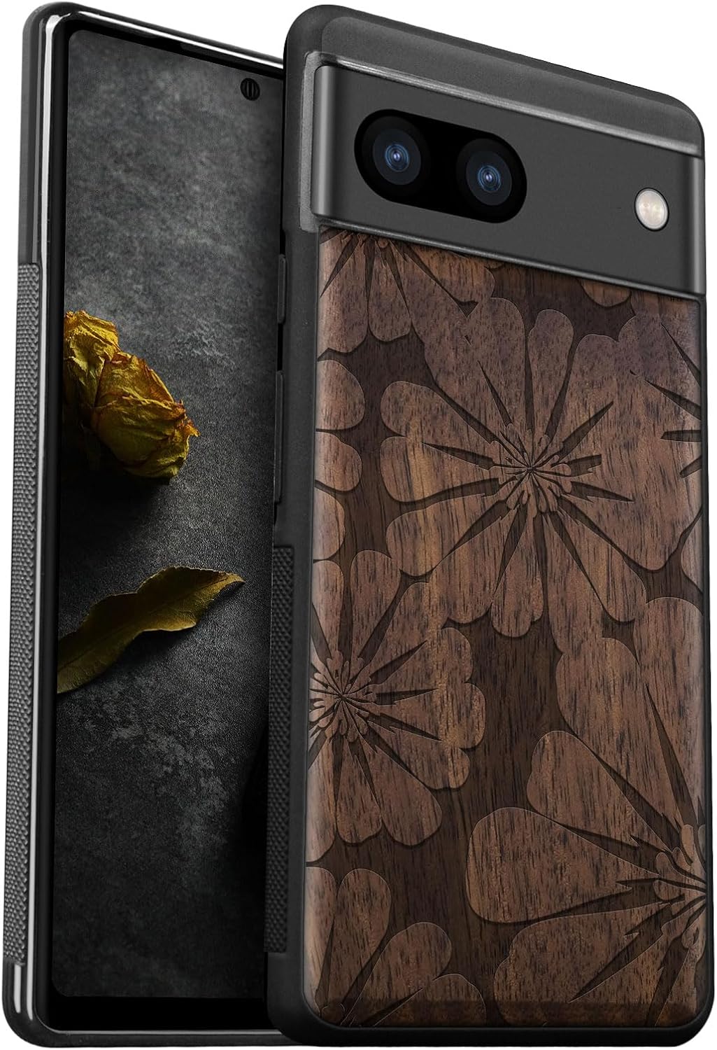 Carveit Wood Case for Pixel 8a Case [Natural Wood & Black Soft TPU] Shockproof Protective Unique Wooden Cover Compatible with Google Pixel 8a (Dotted Floral Bloom-Blackwood)