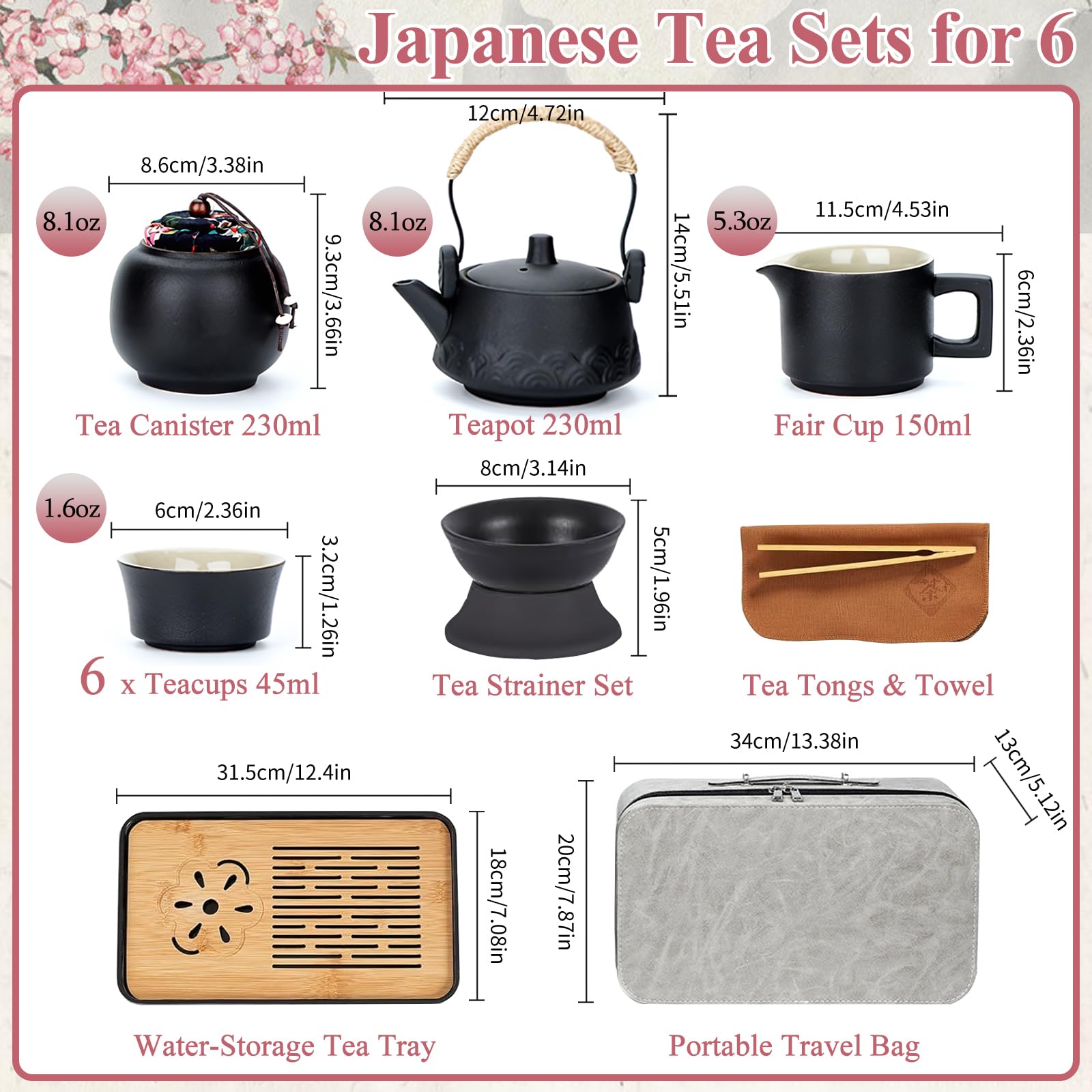 Japanisches Teeservice Chinesisches Teeset 14-tlg Teekanne mit 6 Tassen Keramik Teeservice für Zuhause Büro Reisen Geschenk Schwarz