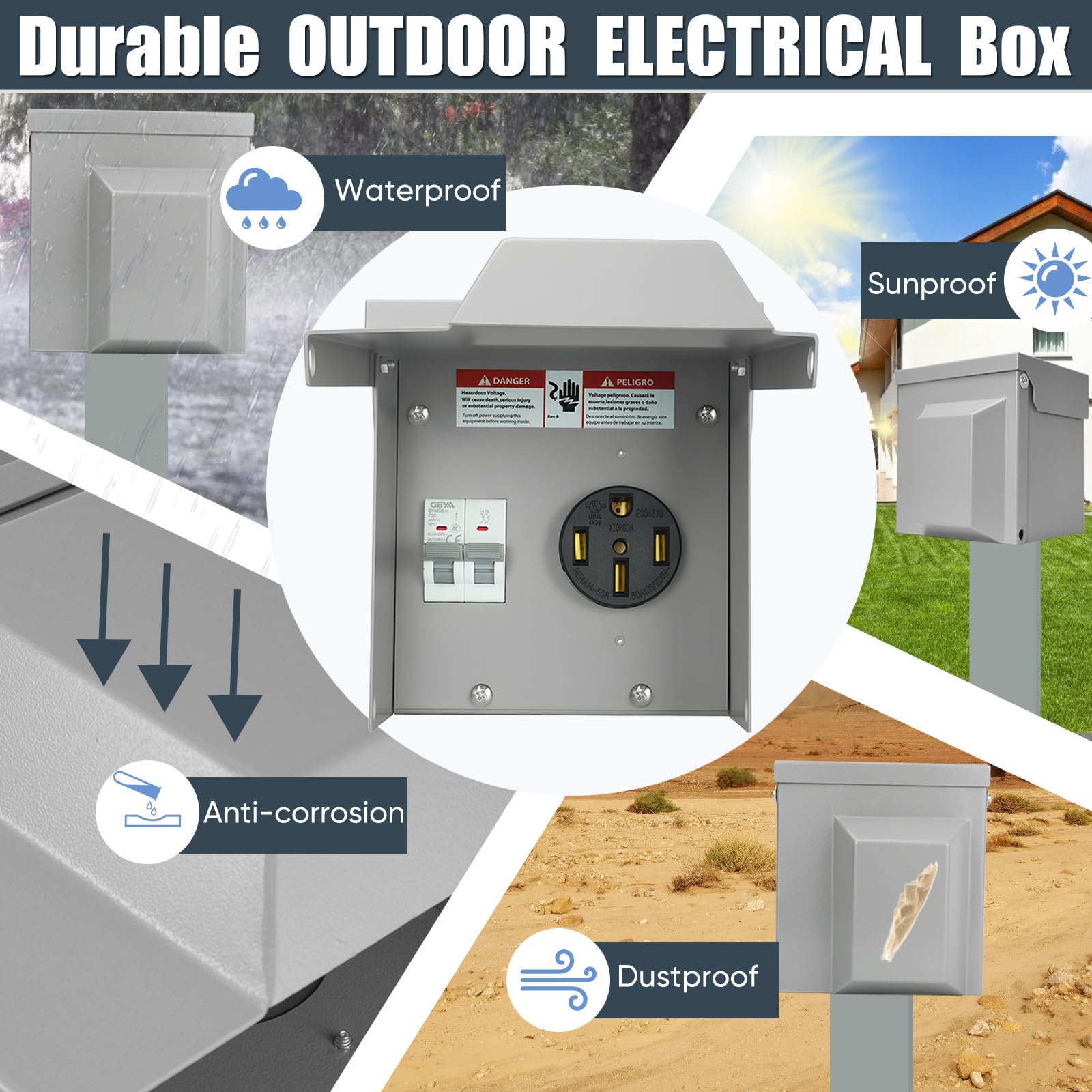 Cajas de tomacorrientes eléctricas, panel de alimentación temporal, resistente a la intemperie, caja de receptáculo con salida de 50 amperios, panel exterior para caravana, caravana, coche, generador