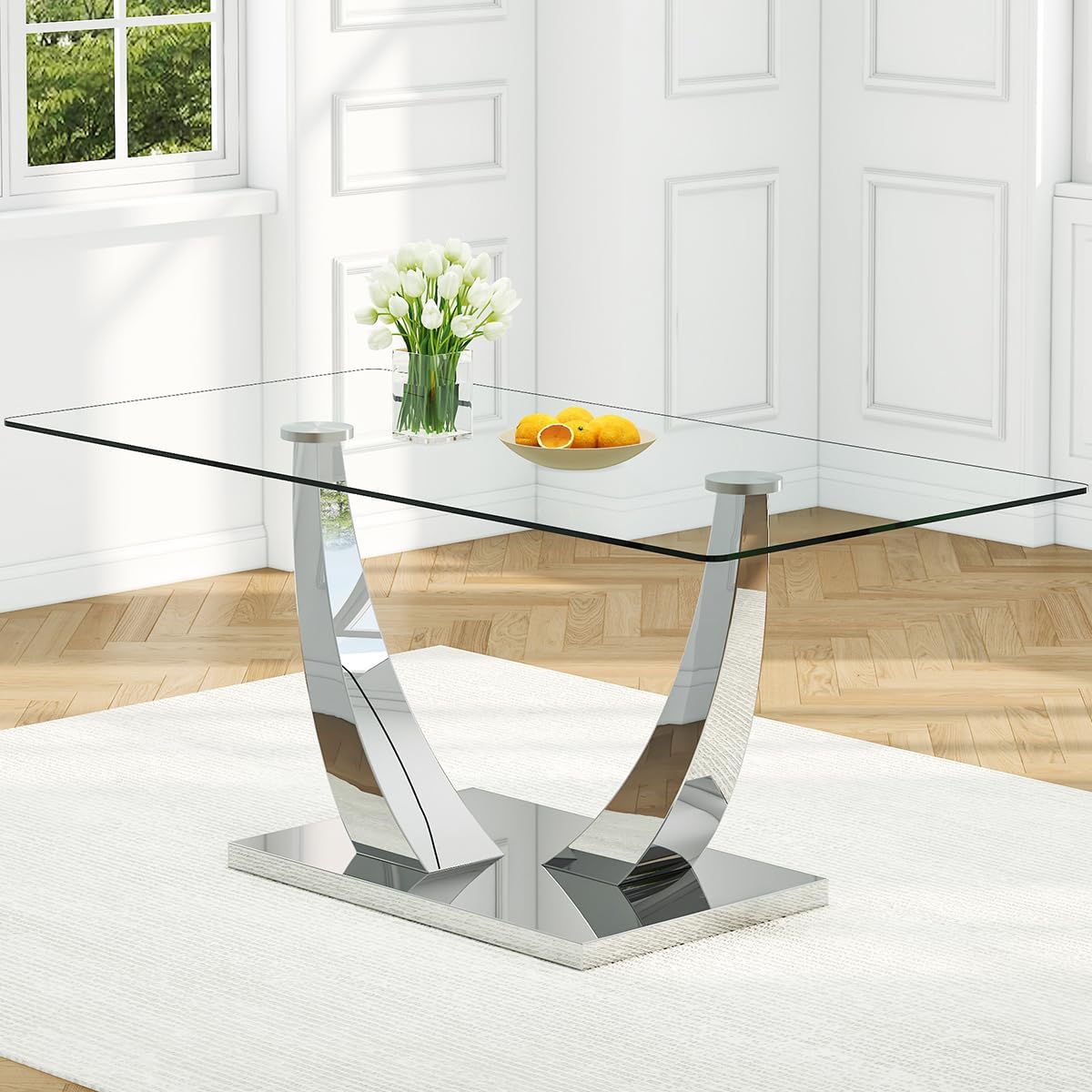71” Glass Dining Table, Large Dining Room Table for 6-8, Silver Chrome Kitchen Table for Dining Room,0.4 Thickened Tempered Glass Top with Stable Rectangular Base