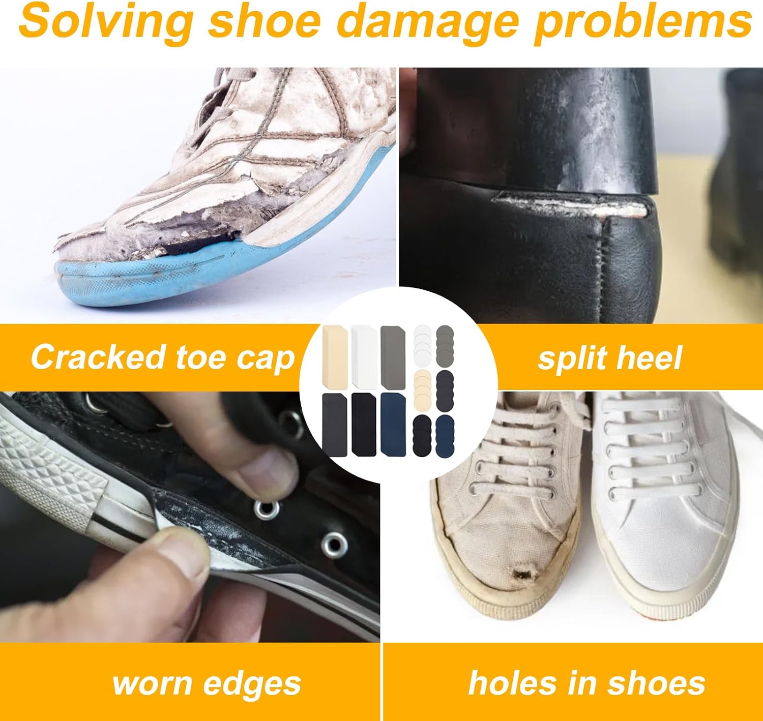 Mikovivi 72pcs Shoe Hole Repair Patch Kit, Self-Adhesive Heel & Toe Repair Patches Wear Resistant Inserts for Sneaker and Mesh Shoes (6 Colors, Rectangular & Round Shapes)
