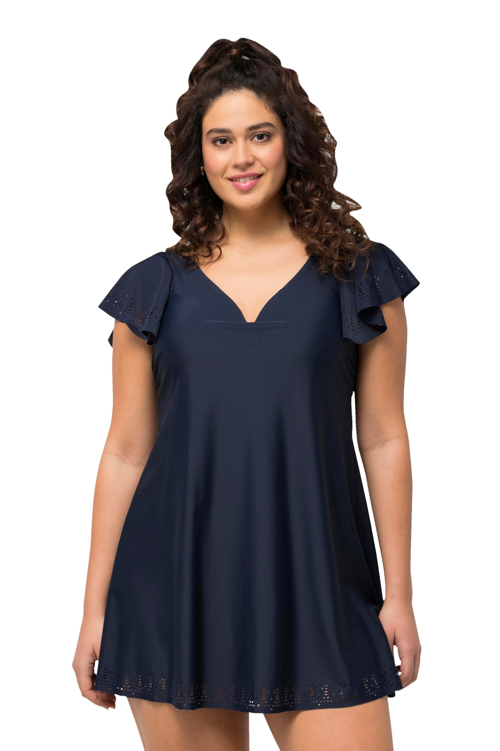 Ulla Popken Damen große Größen Übergrößen Plus Size Badekleid, Flügelärmel, Softschalen, Lasercut-Muster, Bügel 816217