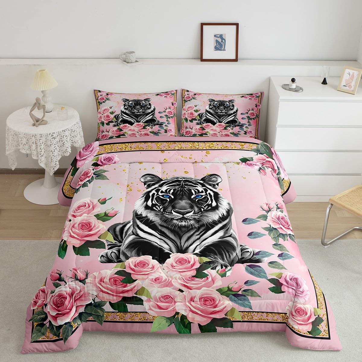 Toddler Size Tiger Duvet Quilt Boys Girls Wildlife Bedding Set for Kids Women Men Ultra Soft Animal Comforter Set Room Decor Pink Floral Bedclothes Breathable Soft Lightweight Microfiber